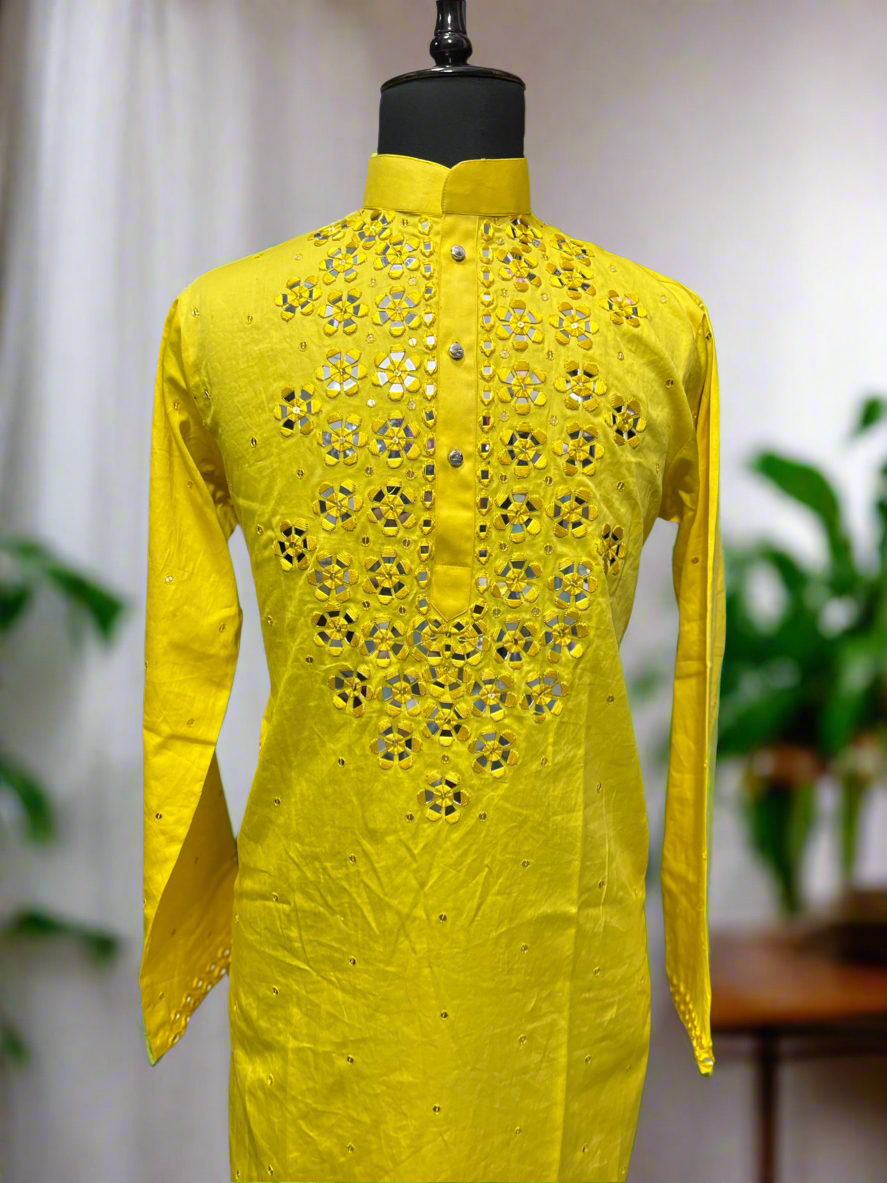 Haldi  Kurta Art Silk With Mirror Work Aligadhi Pant main image 0