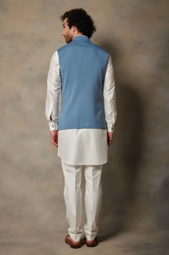 Men's Blue Applique Embroidery Waistcoat Set