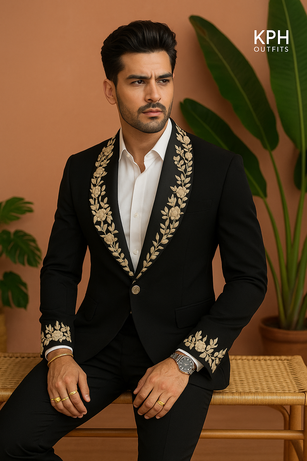 Men's Black Handcrafted Zardozi Work Shawl Lapel Tuxedo Suit by KPH Outfits