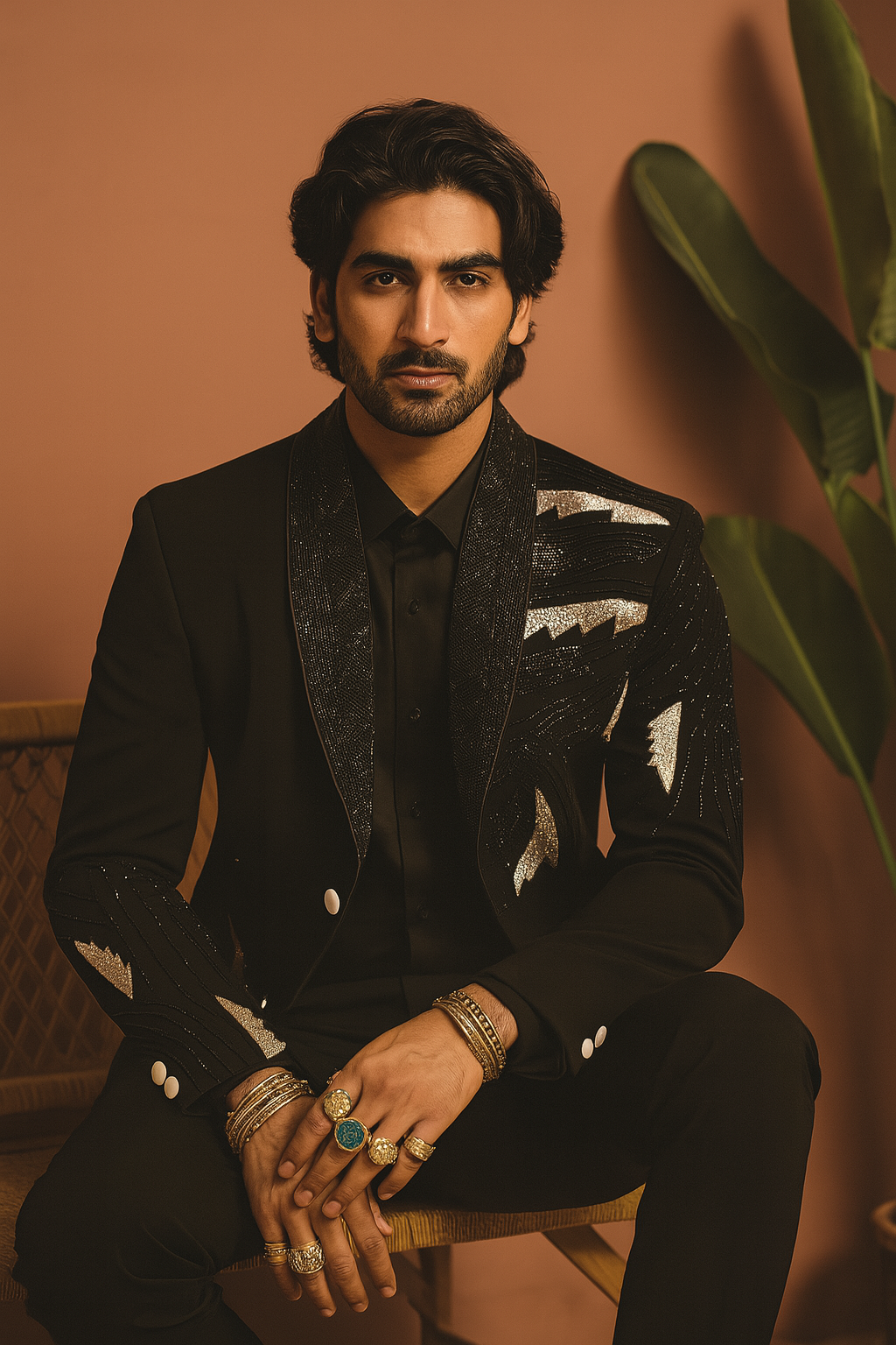 A front view of a man sitting in a black embellished tuxedo suit, with an intricate design on the blazer.

