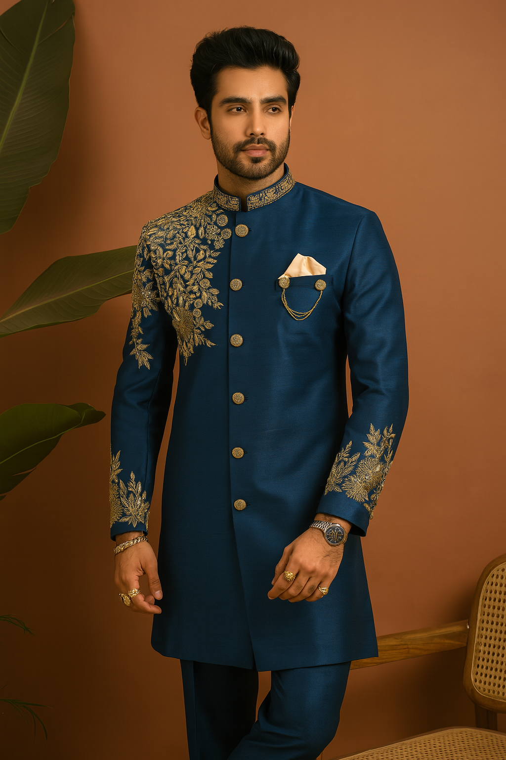 Regal groom sherwani in Turkish Blue with metallic Zardosi detailing – KPH Outfits