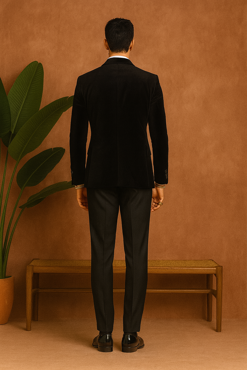 A photograph of a man in a stylish Jodhpuri set, highlighting the quality of the fabric and the unique design.

