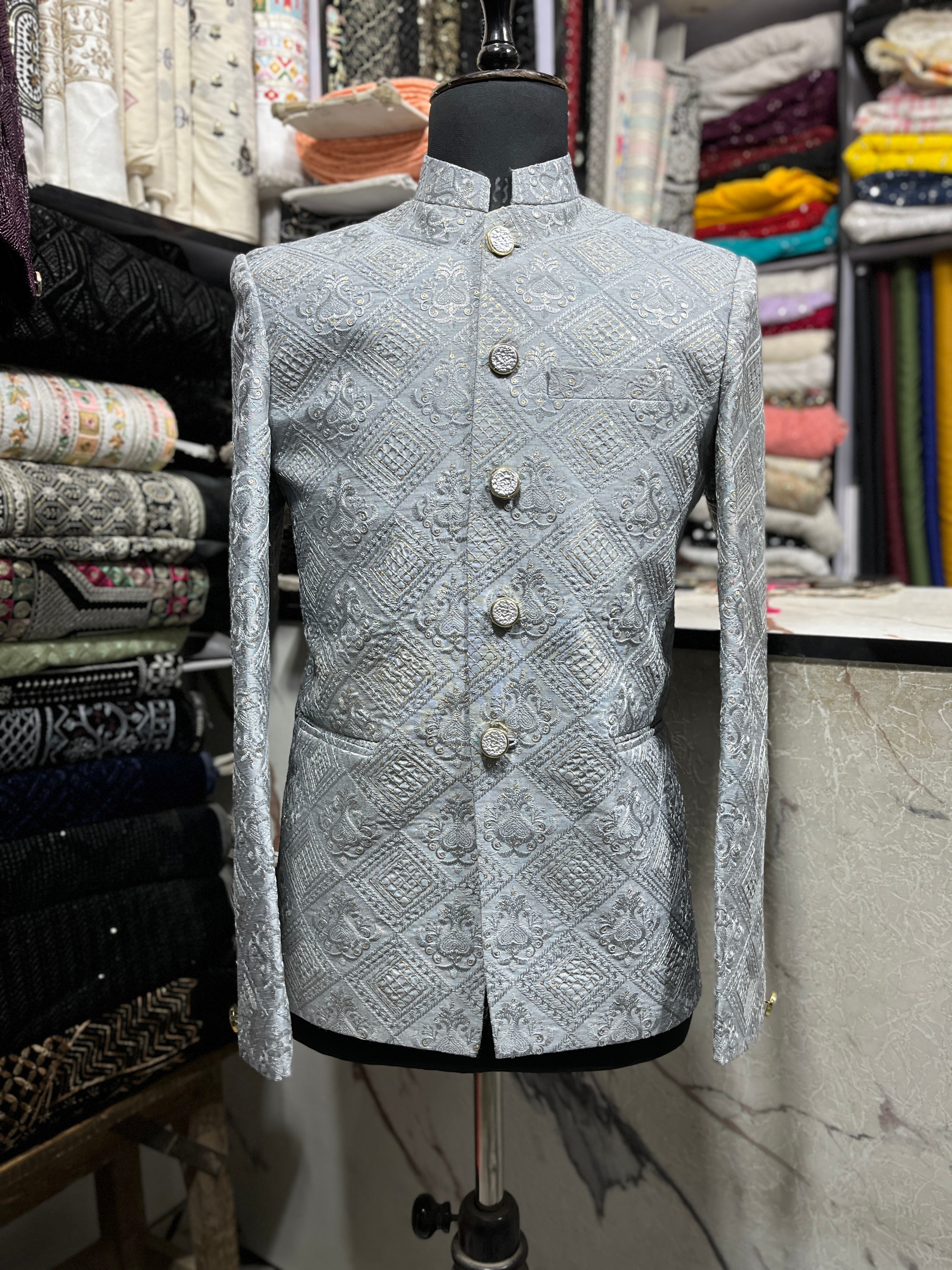 Men's Gray Self Embroidery Pattern Silk Jodhpuri Set