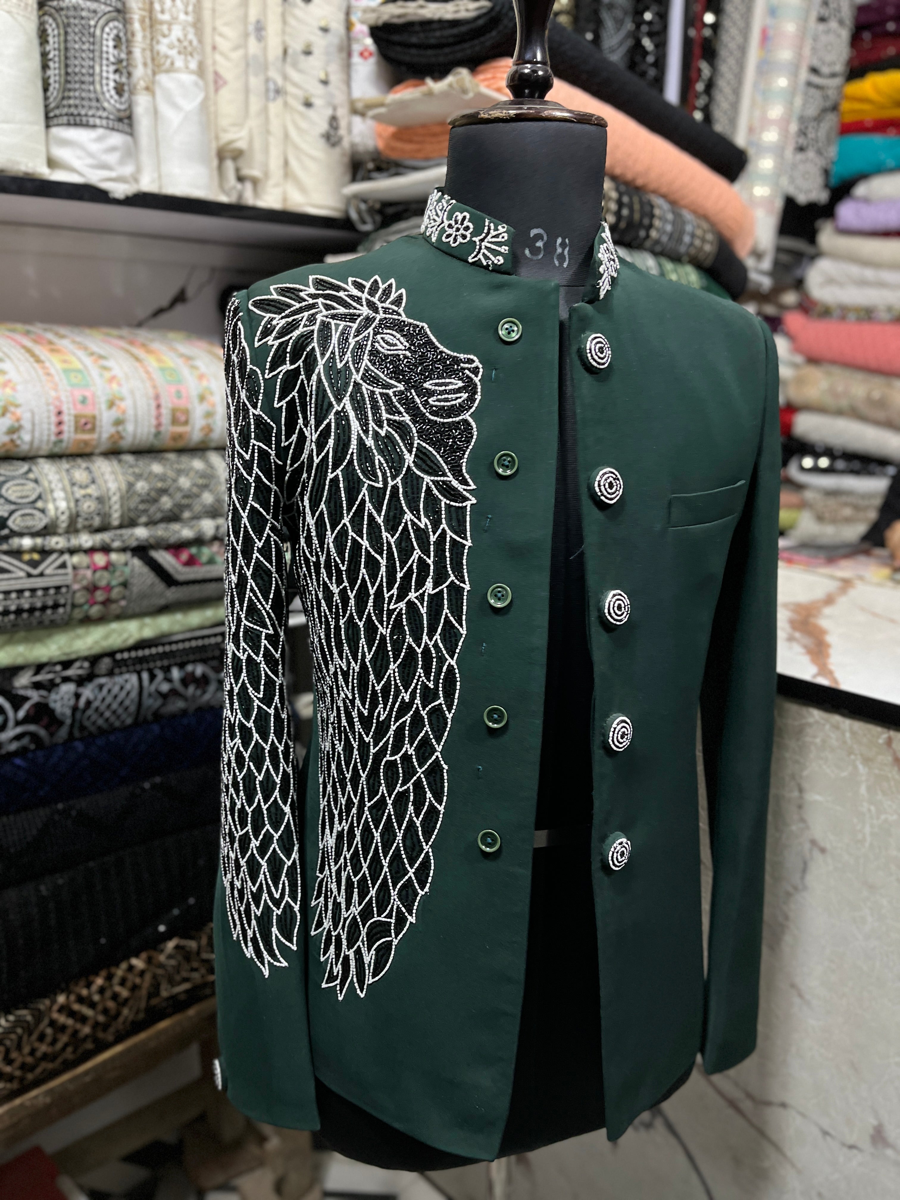 Men's Green Handcrafted Cut Work Embroidery Bandhgala Suit