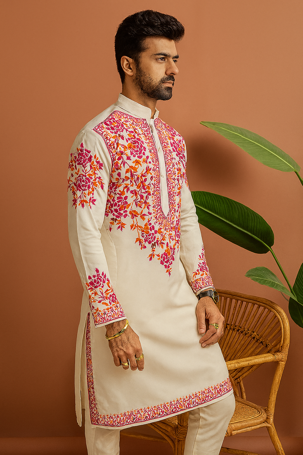 A photograph of a man in a stylish kurta, highlighting the quality of the fabric and the unique design.

