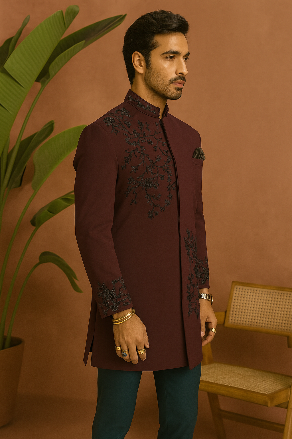 Groom Indo-Western outfit in rich maroon with intricate handiwork – KPH Outfits

