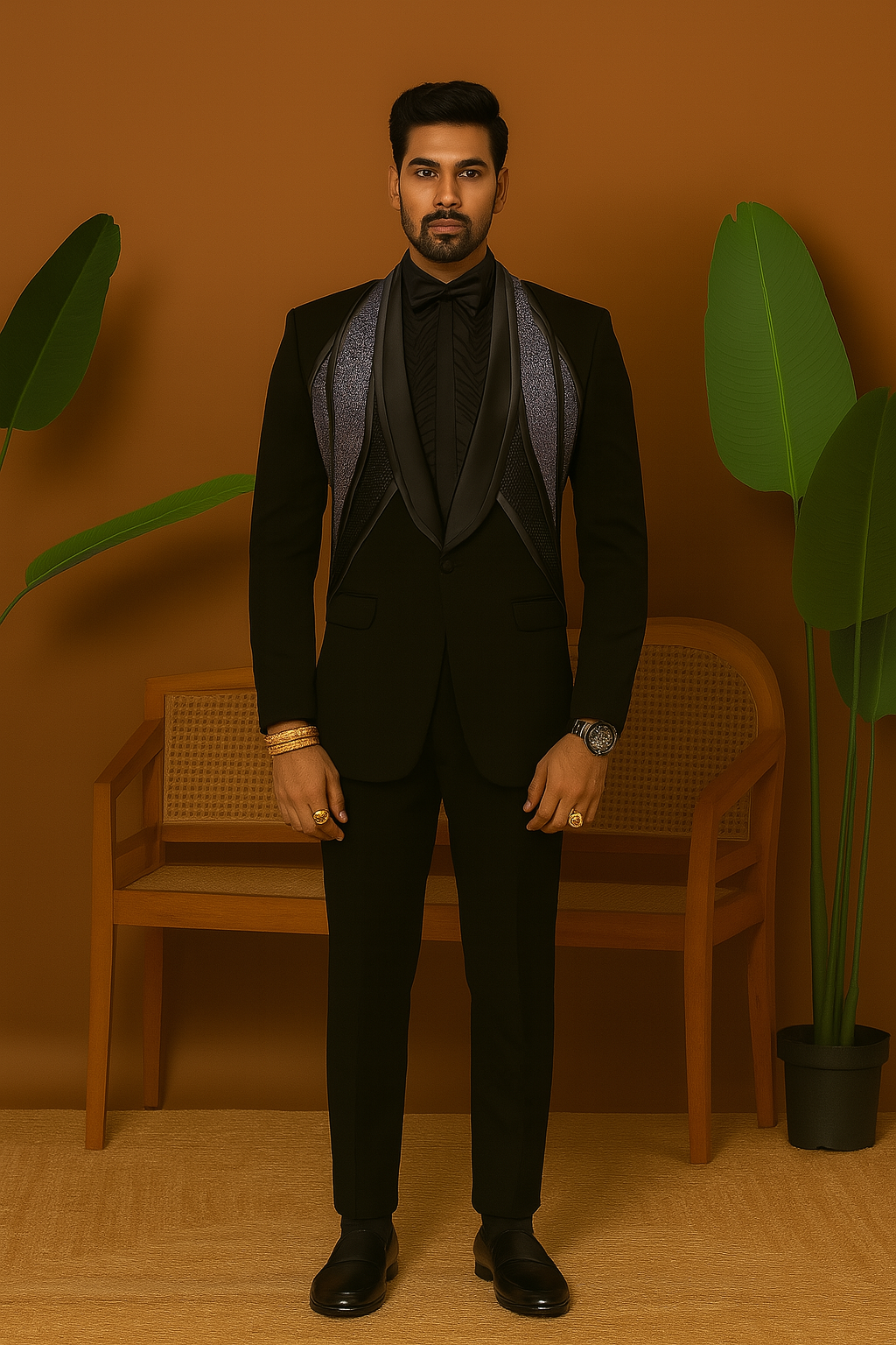 A man sitting in the black tuxedo, showcasing the fit and style from a relaxed position.

