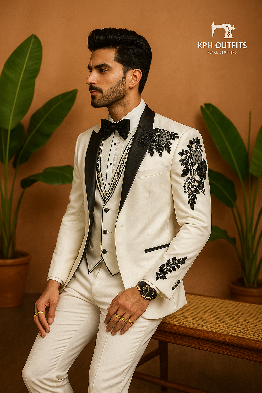 Men's Exclusive Ivory Designer Handcrafted Stylish Tuxedo Suit – Luxury Designer Wear by KPH Outfits