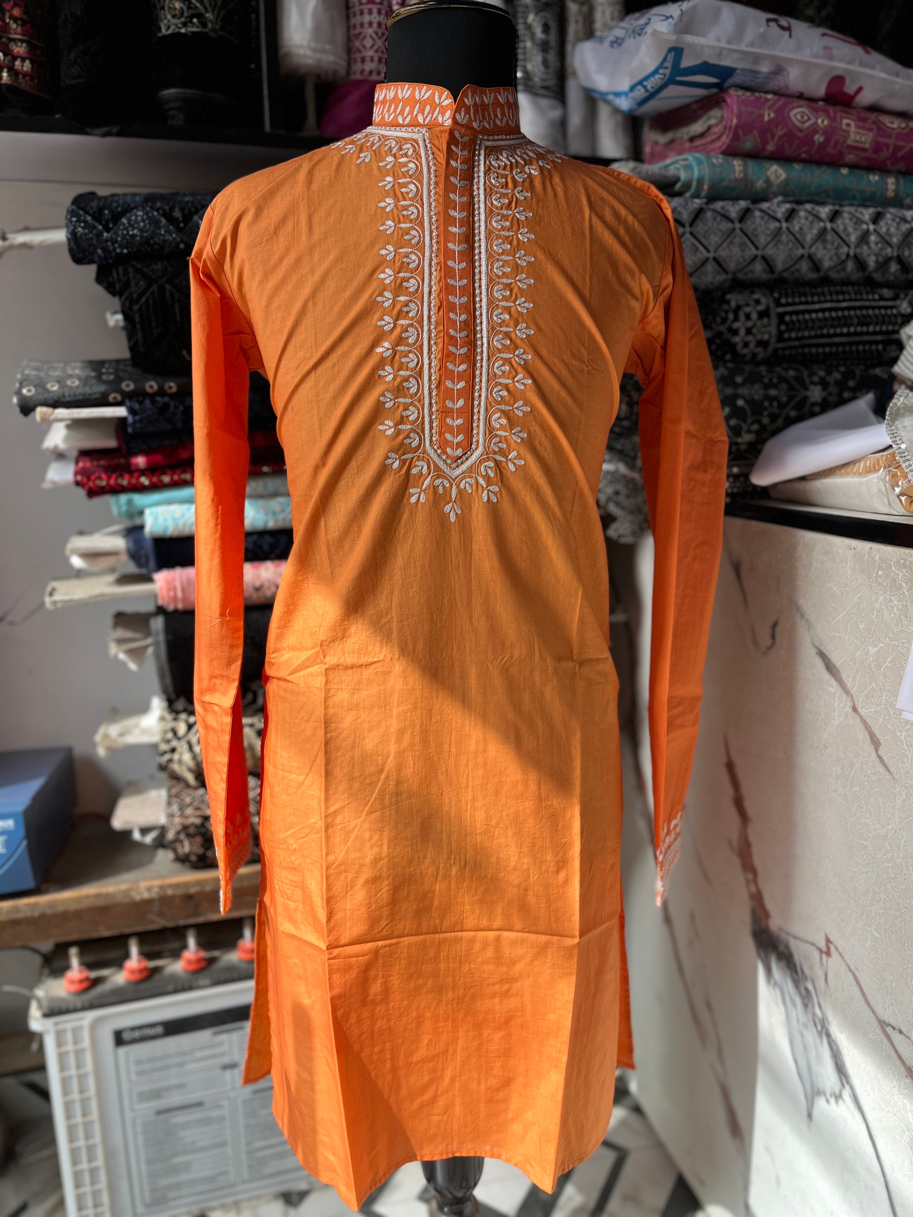 Men's Orange Neck Embroidery Cotton kurta Set