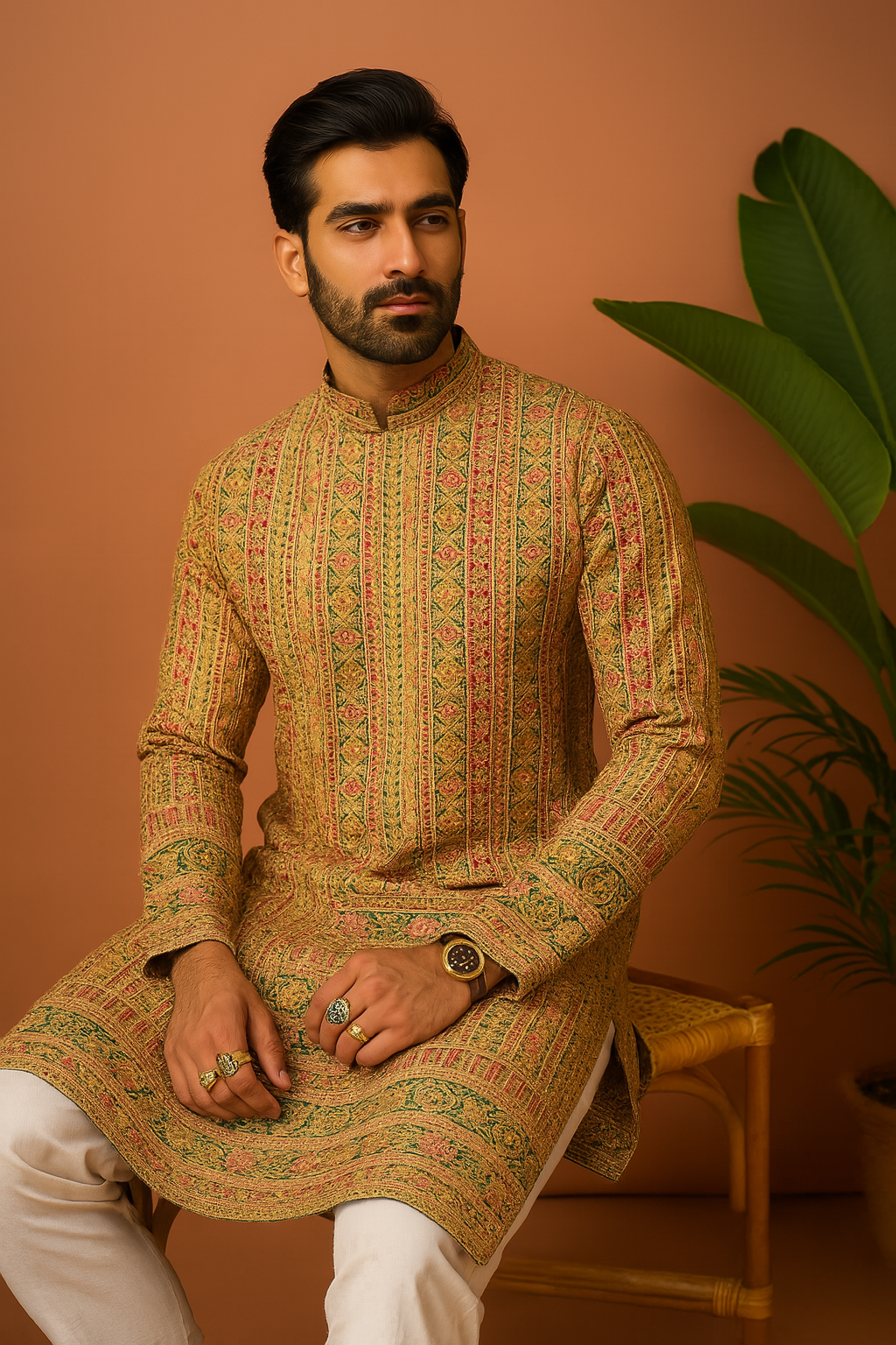 A front view of a man in a golden-brown kurta with intricate embellishments on the front, paired with matching pants.

