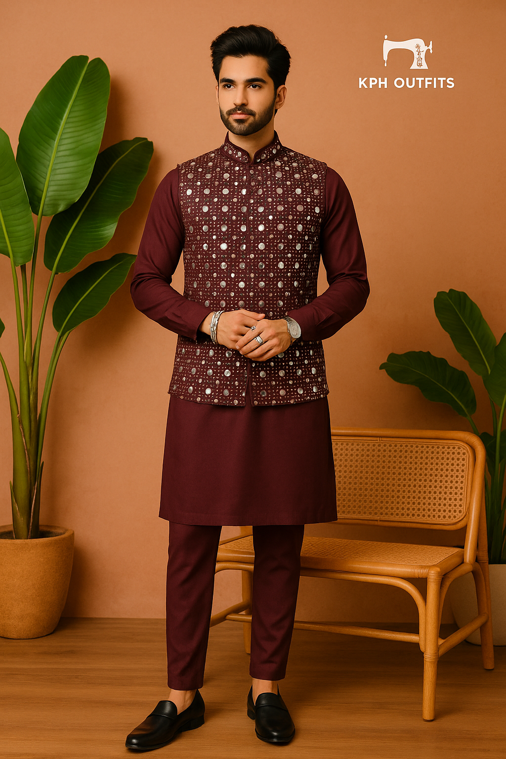 Men's Exclusive Wine Real Mirror Designer Waistcoat Set - KPH Outfits