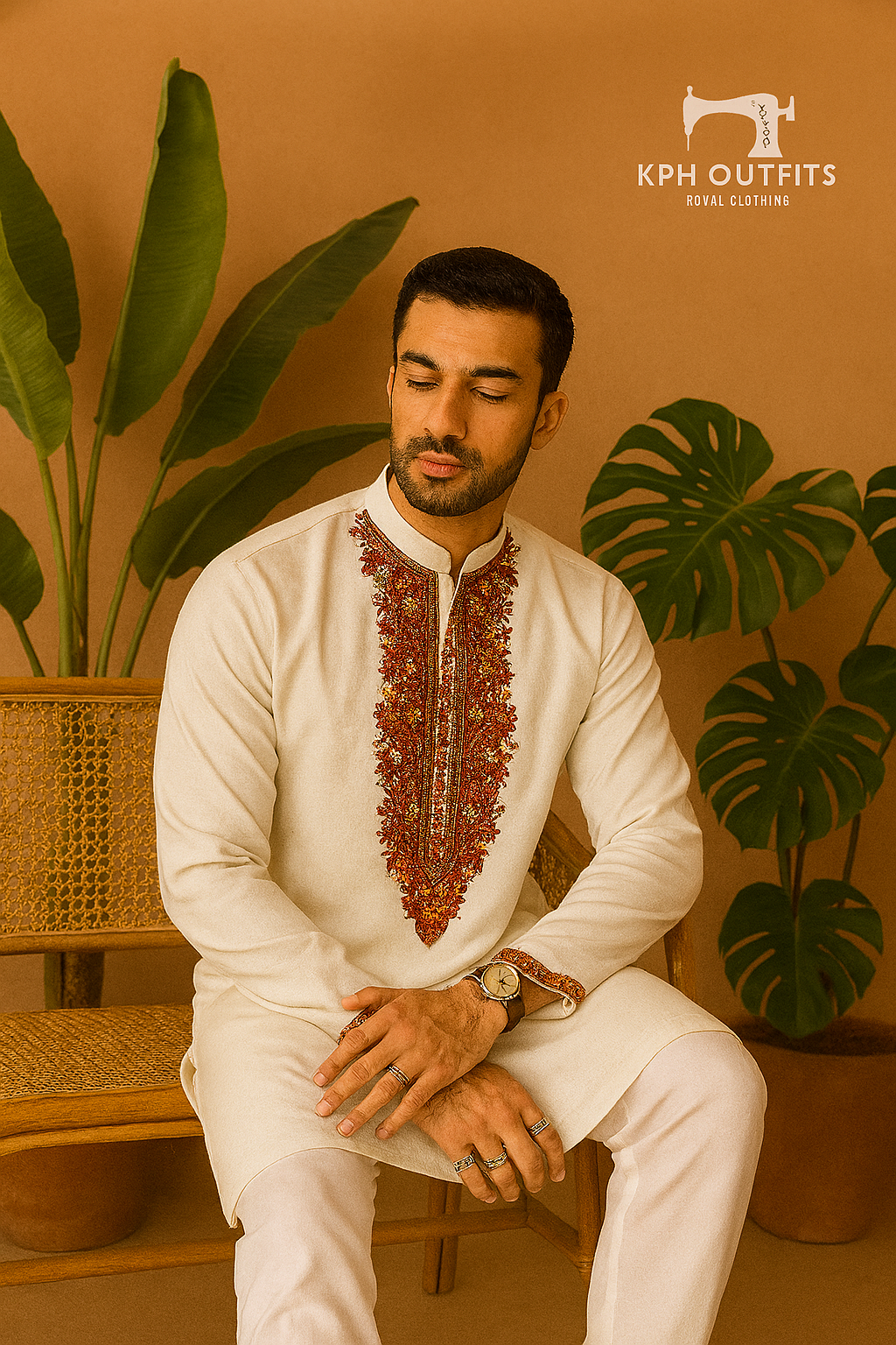 A model in a black formal kurta set, designed to make a statement at any special occasion.

