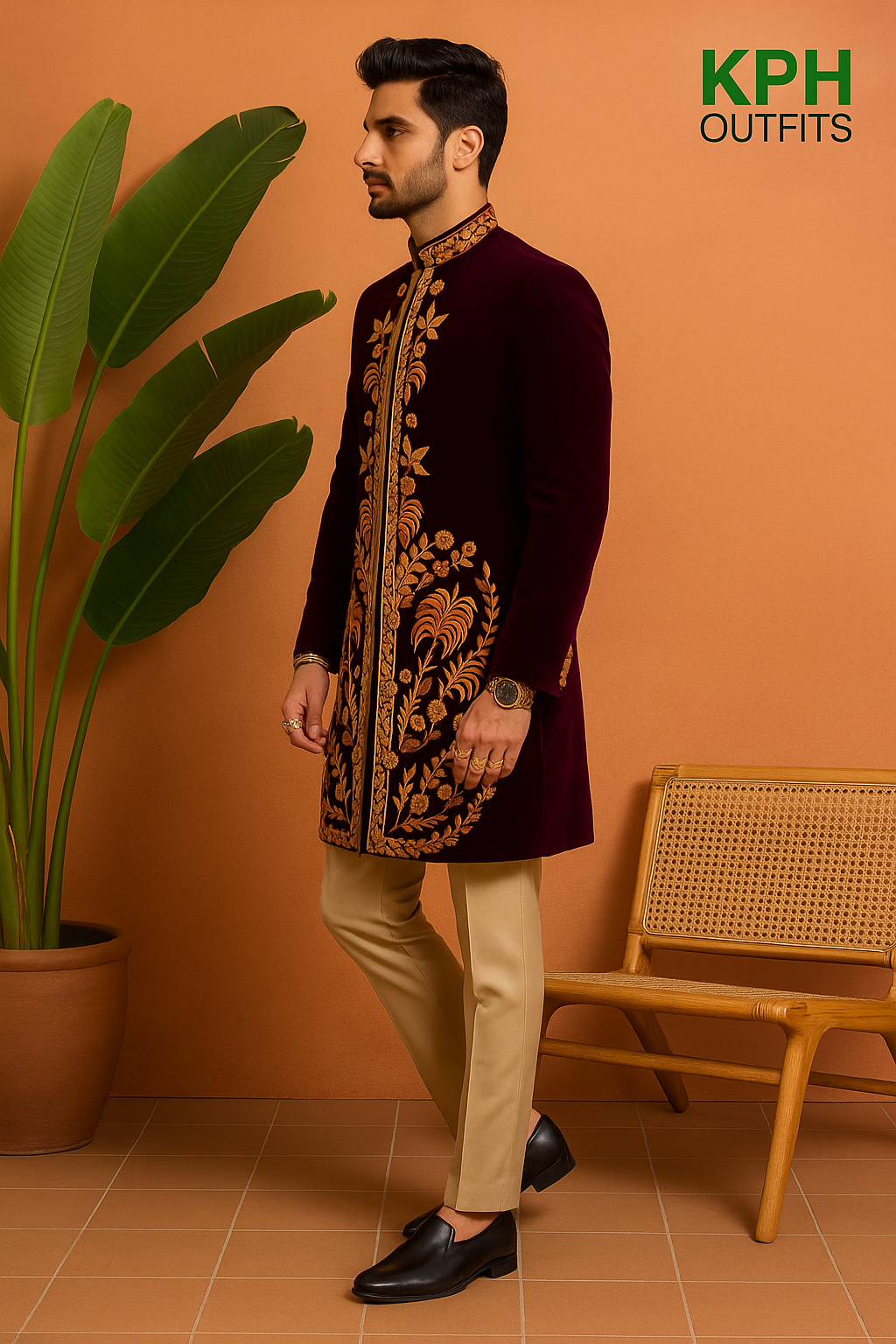 A full-body view of the man showcasing the fit and design of the sherwani set from a side angle
