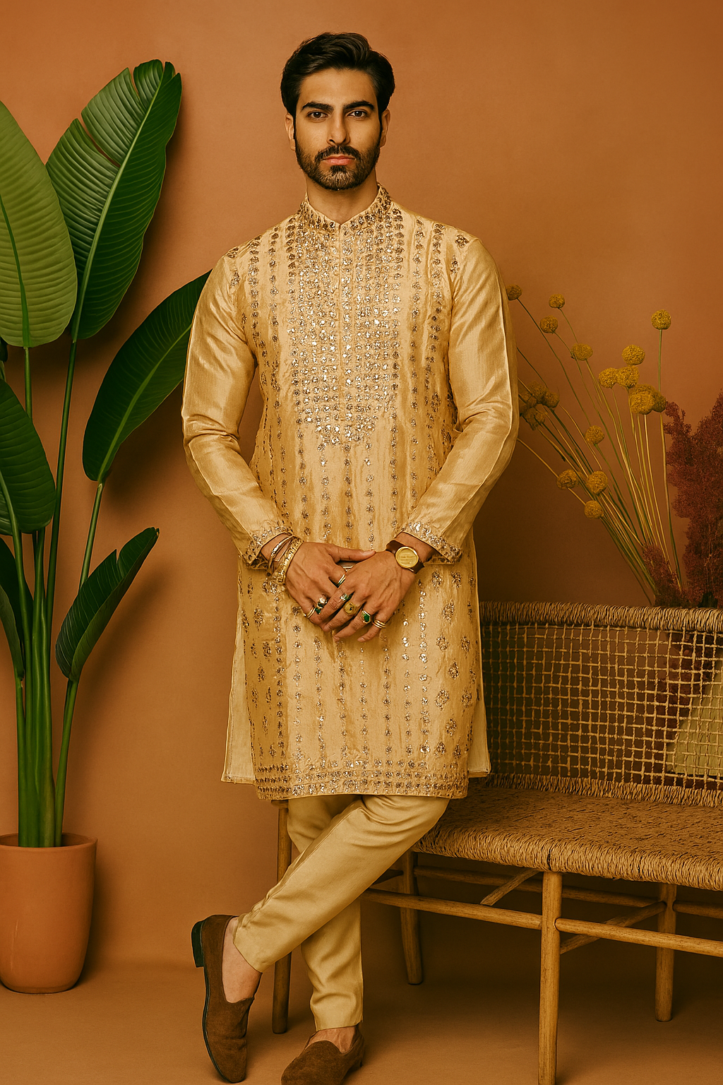 A photograph of a man in a stylish kurta, highlighting the quality of the pure silk fabric and the unique design.

