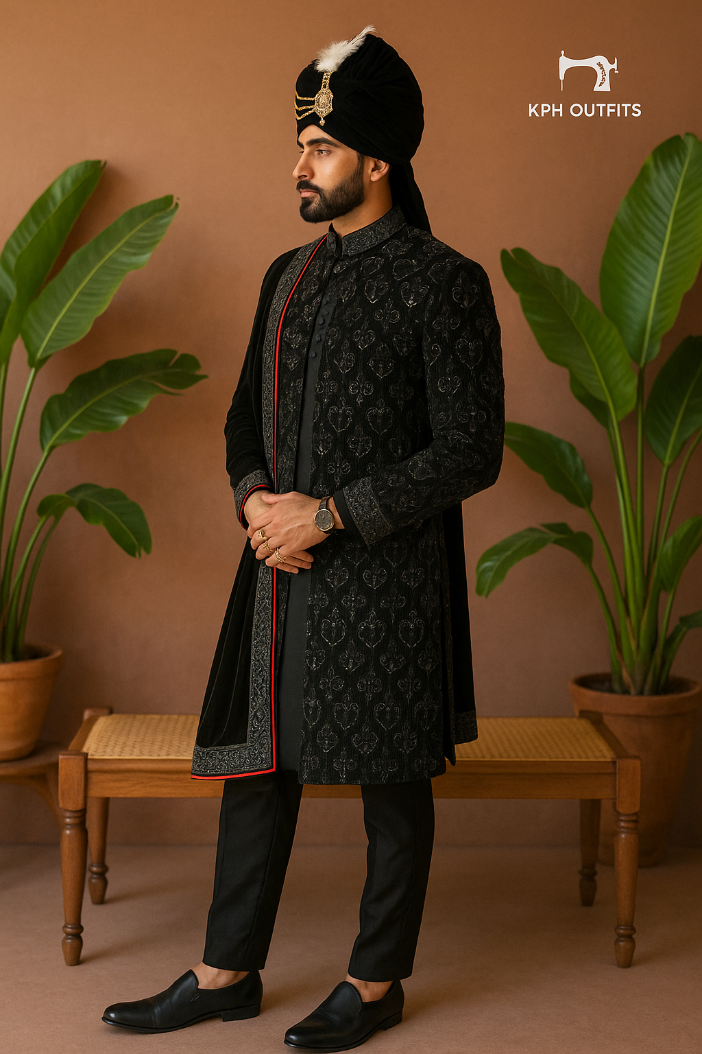 Men's Black Velvet Handcrafted Sherwani Set – Premium Designer Outfit for Weddings – KPH Outfits