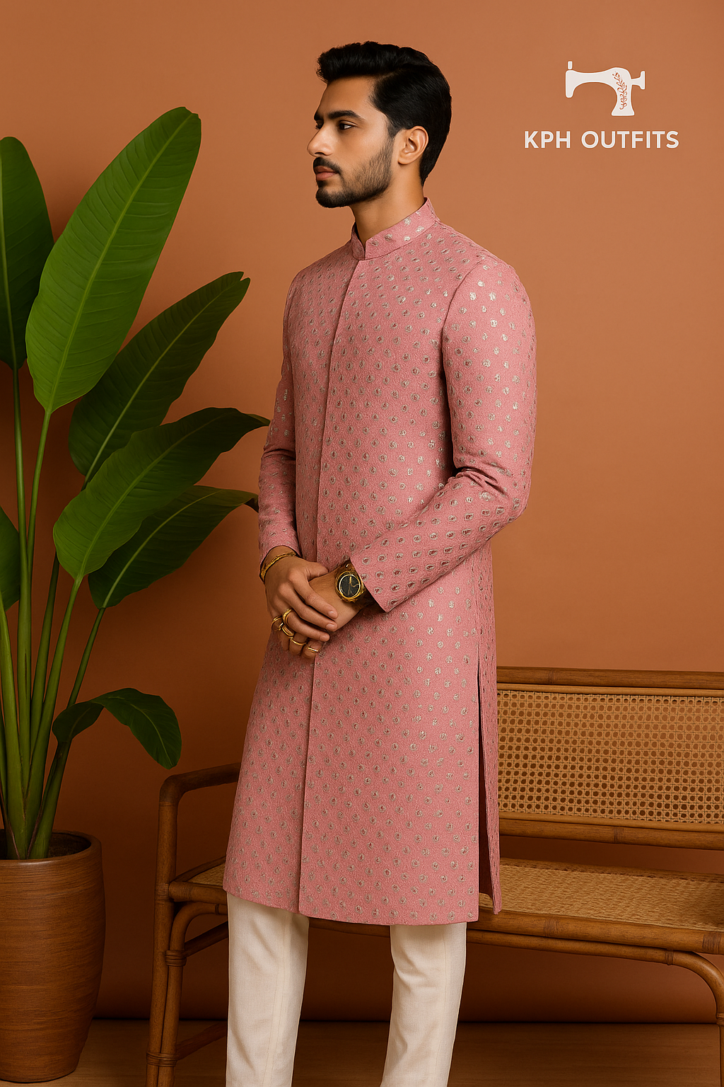 Men's Pink Custom Designer Sherwani Set – Georgette, Customizable, Elegant Groom Wear