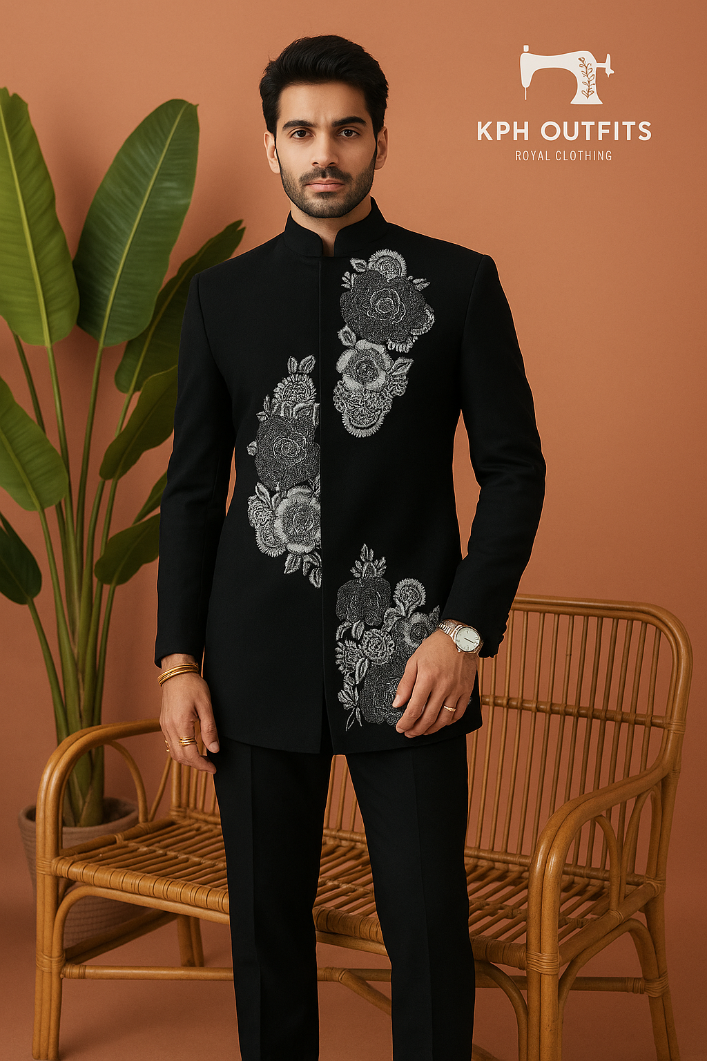 Man wearing a black embroidered jacket standing in front of a brown wall with a plant and chair.