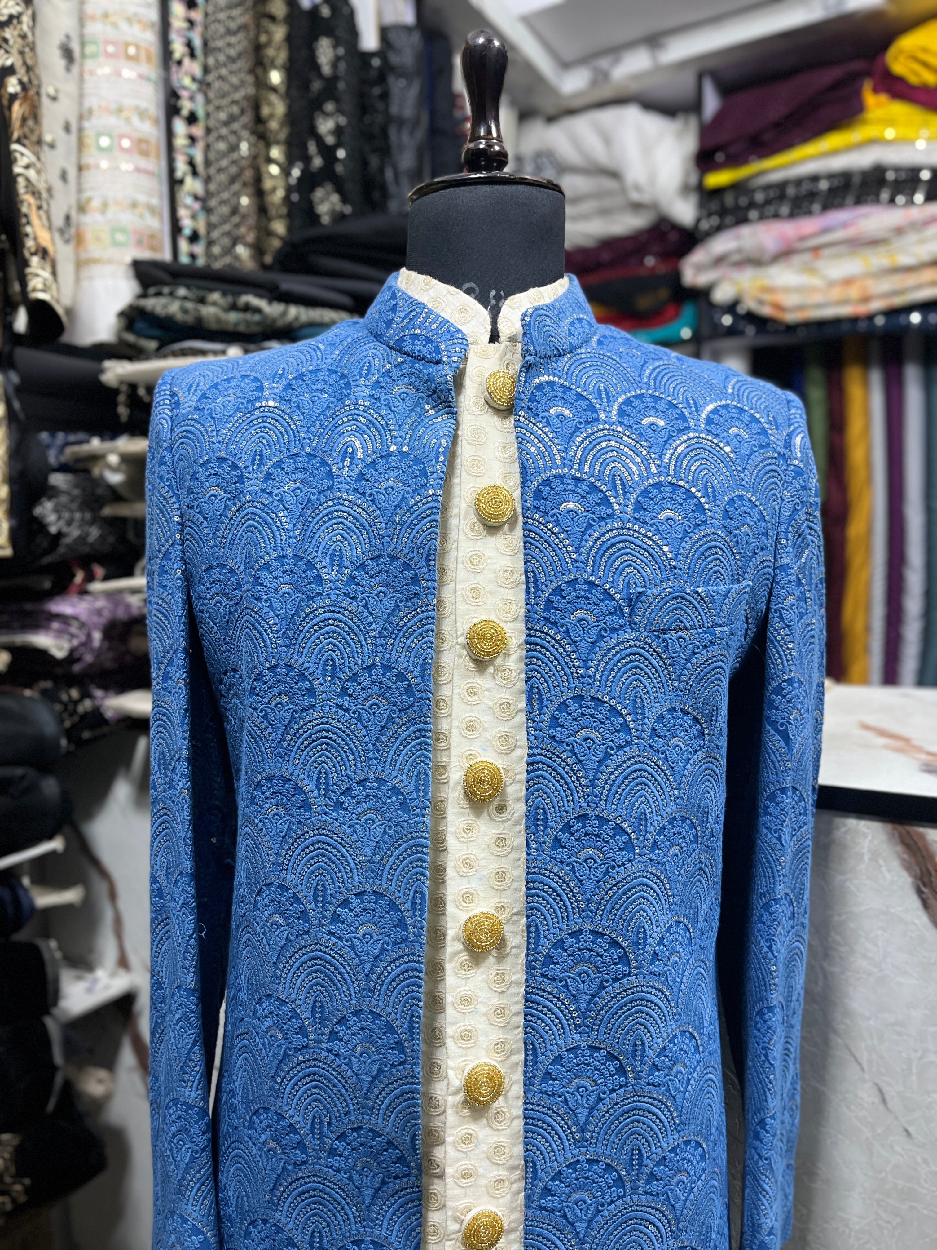 Men's Blue Lakhnavi Style Open Indo-western Set