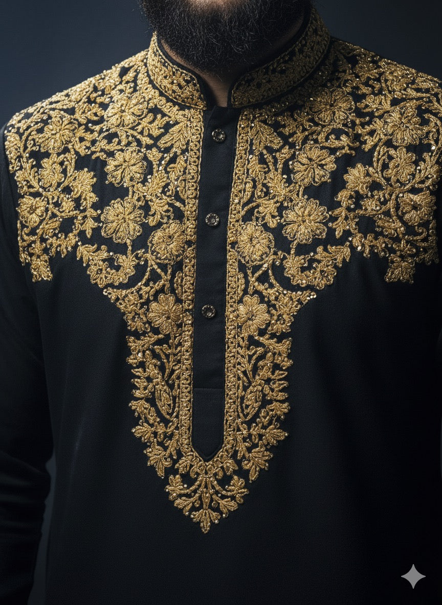 Men’s black embroidered kurta pajama set with golden detailing