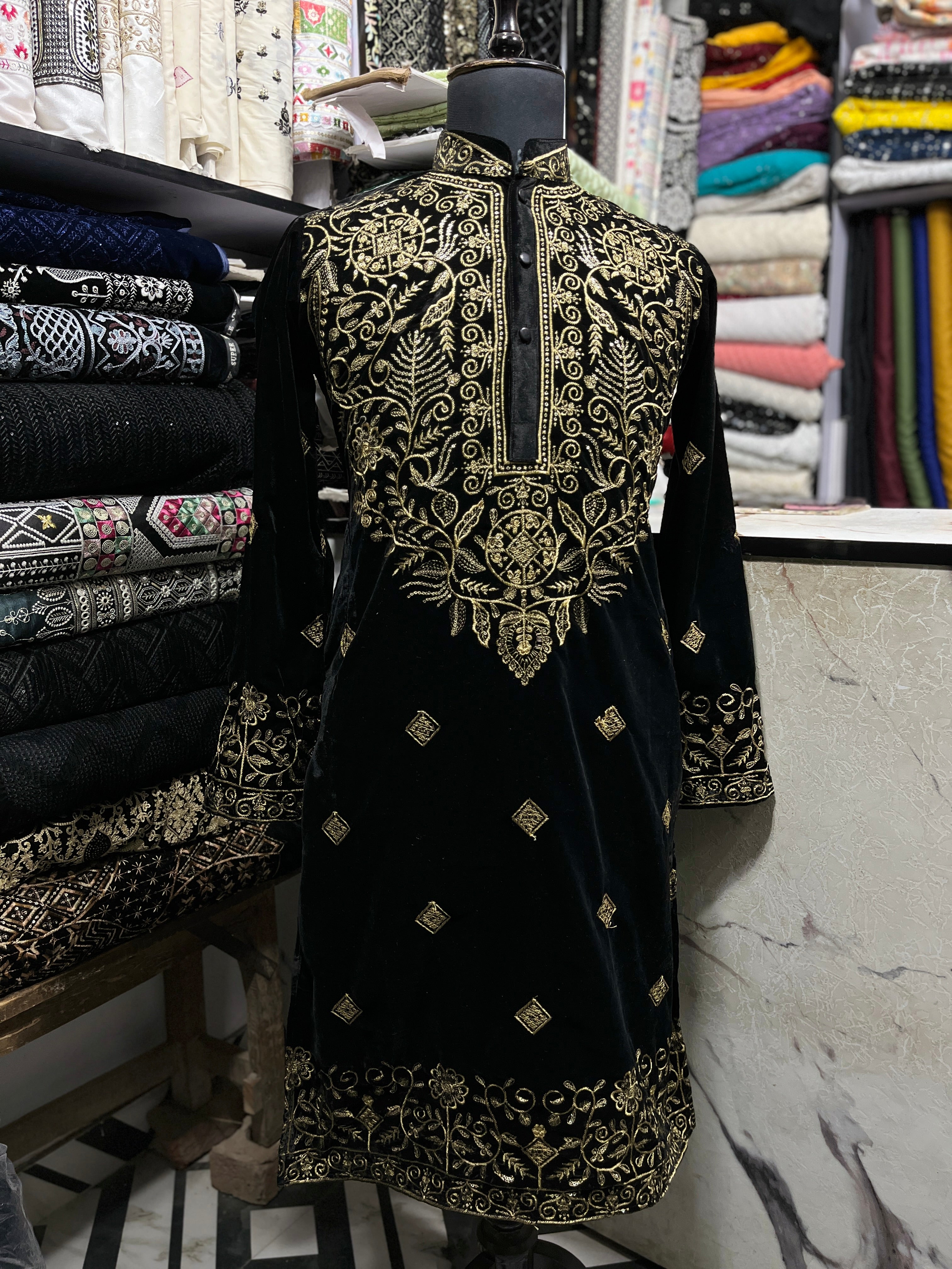 Men's Black Golden Embroidery kurta Set