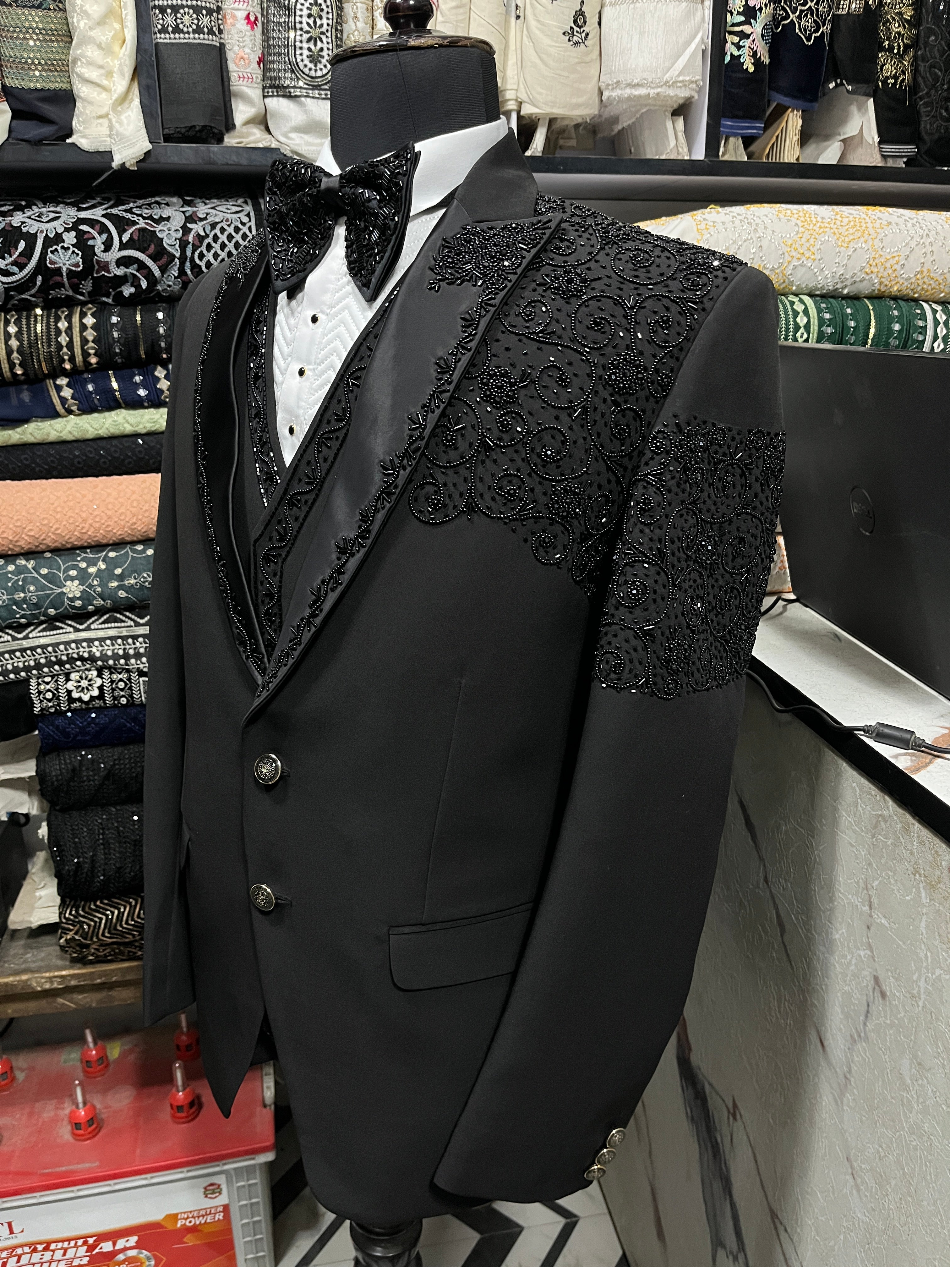 Men's Black Handcrafted Beads Work Tuxedo Suit