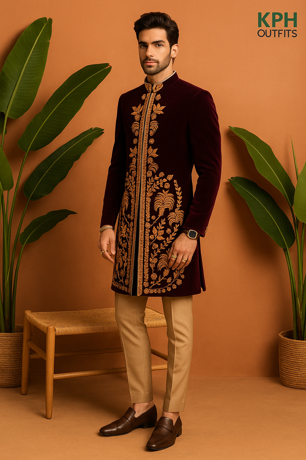 A man wearing an elegant dark maroon Indo-Western sherwani with intricate gold embellishments, paired with beige pants.

