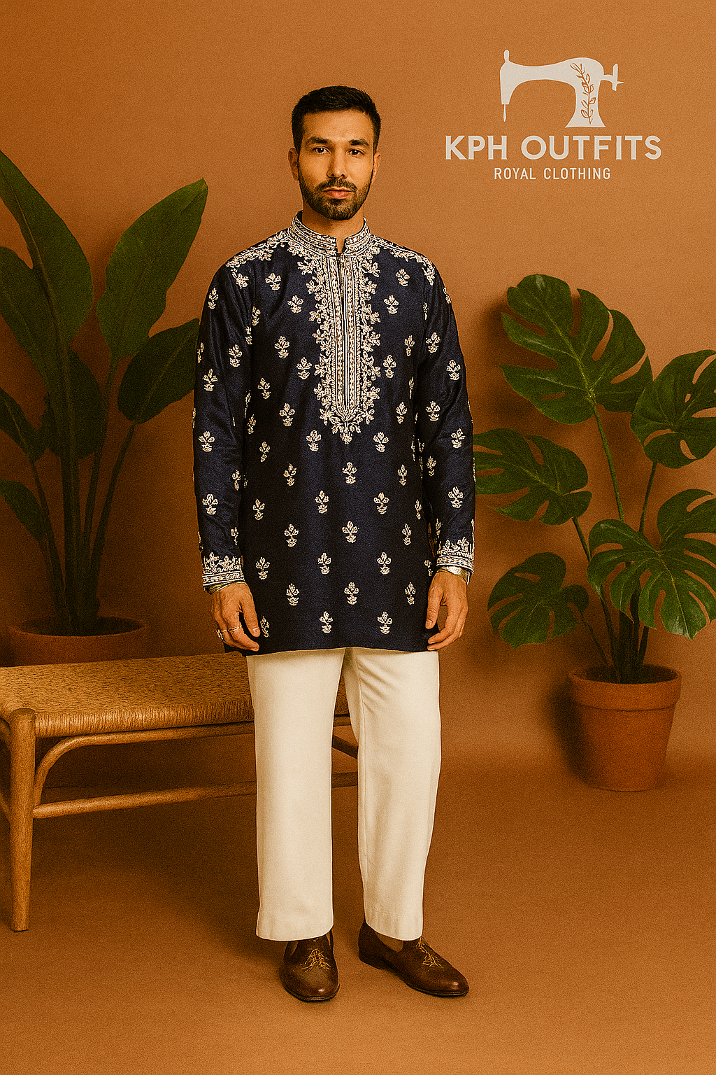 A model in a dark maroon formal kurta set, designed to make a statement at any special occasion.

