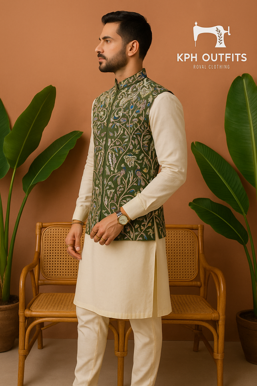 Men's Exclusive Mehndi Special Handcrafted Waistcoat – Luxury Formal Wear by KPH Outfits