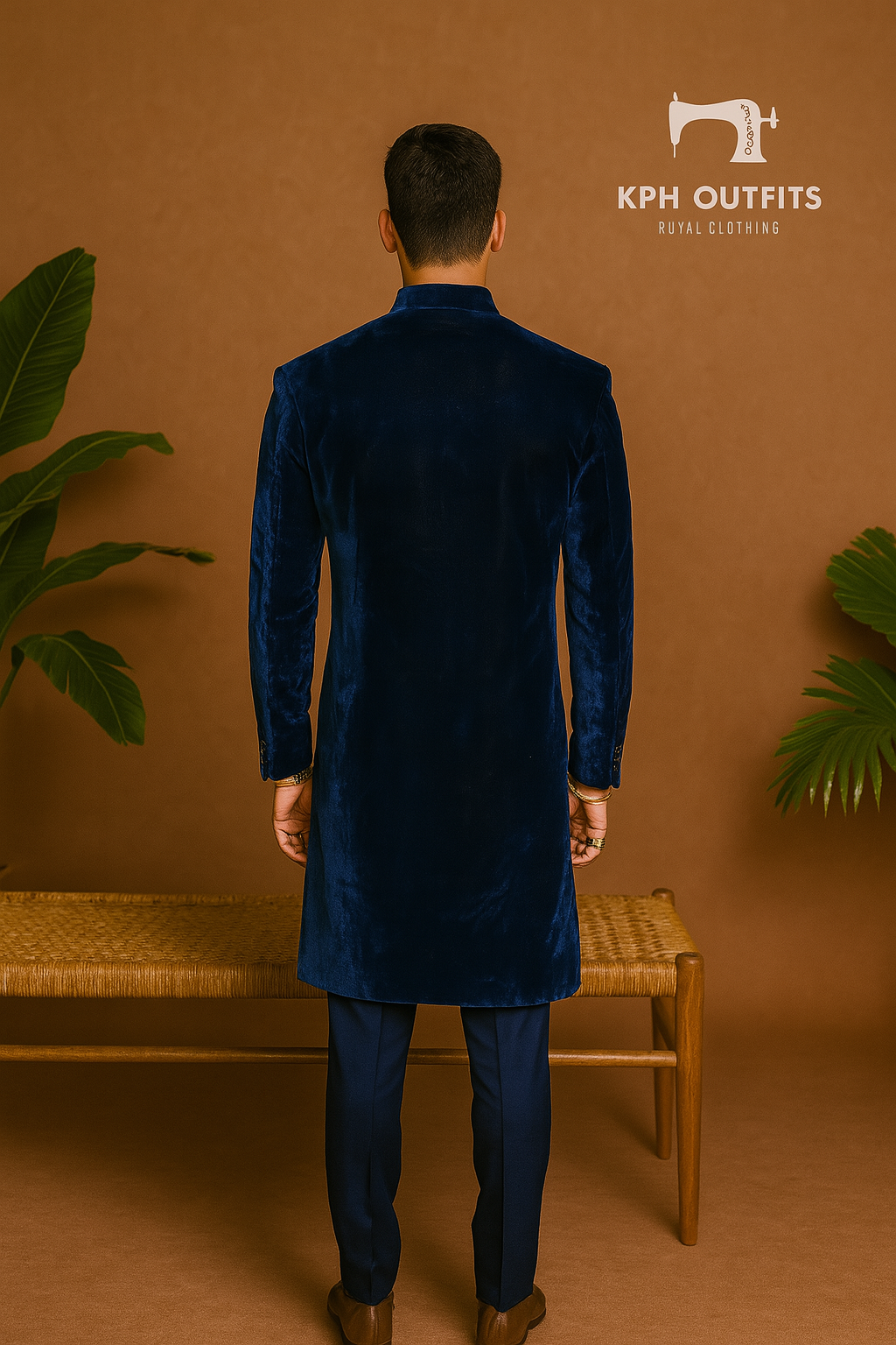 Men's Navy Blue Velvet Handcrafted Luxury Embellished Sherwani Set – Designer Wedding Outfit – KPH Outfits