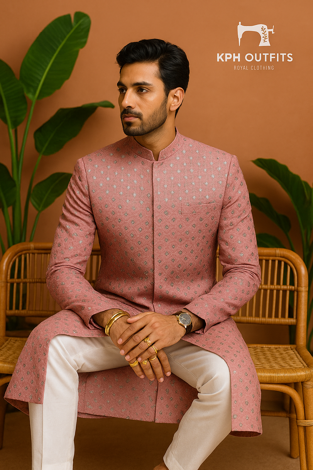 Men's Pink Custom Designer Sherwani Set – Georgette, Customizable, Elegant Groom Wear