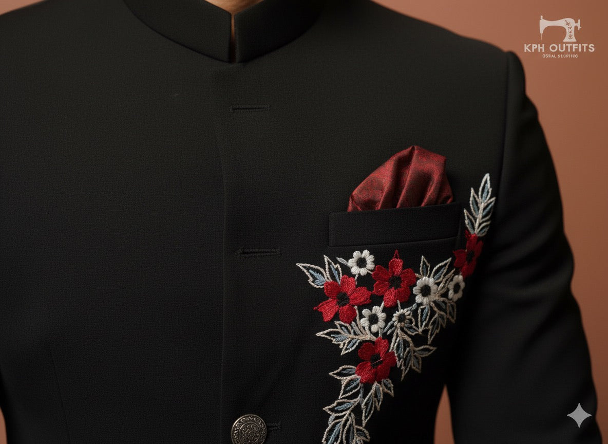 Handcrafted floral embroidered black Jodhpuri for receptions – KPH Outfits