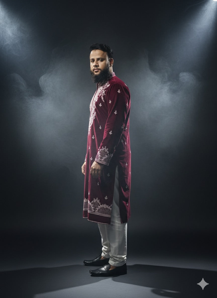 Maroon Velvet Kurta with Detailed White Embroidery - Kph Outfits