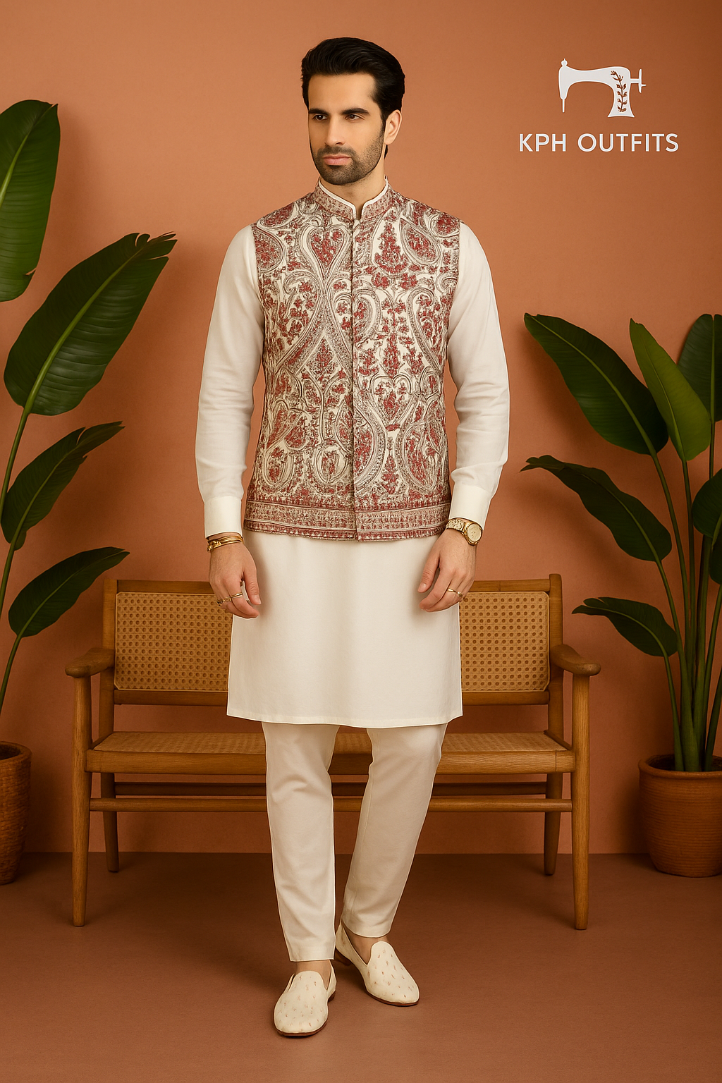 Men's White Kalamkari Embroidered Nehru Jacket – 100% Georgette – Elegant & Timeless Style – KPH Outfits