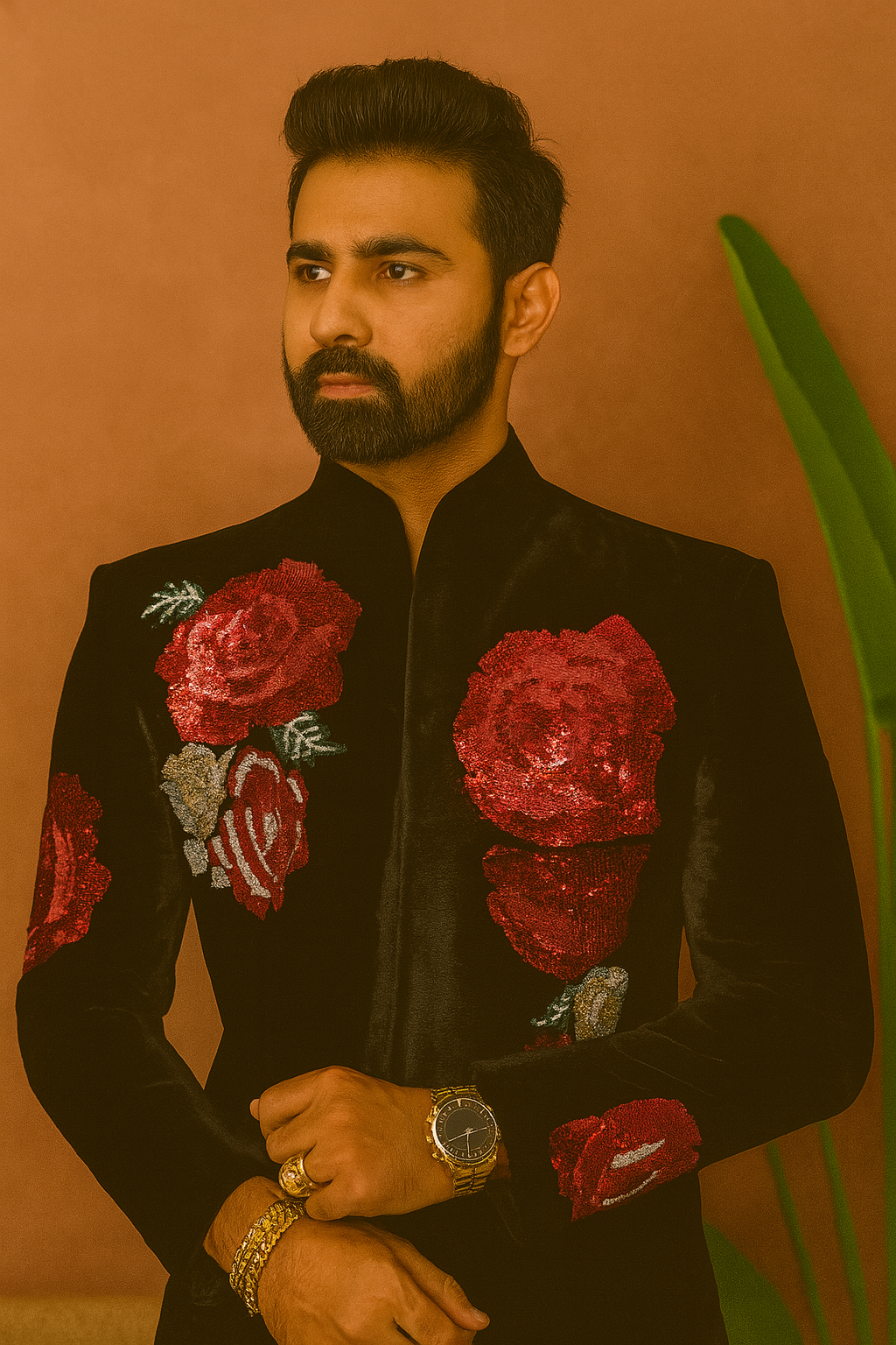A man wearing a black Indo-Western set with red and green floral sequin embroidery, inspired by Karan Johar's style.