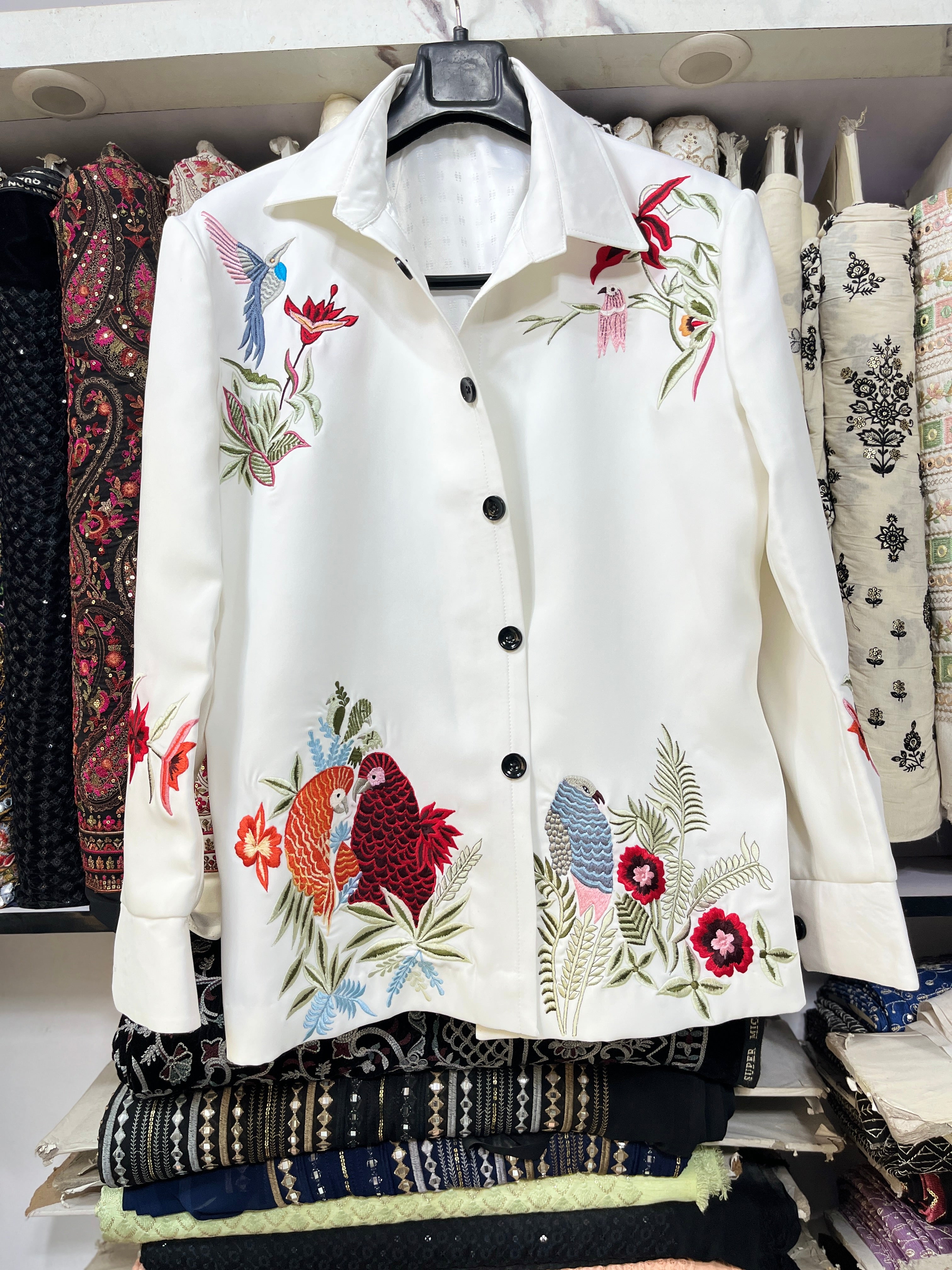 Men's White Multi Colour Birds Embroidery Shacket Set