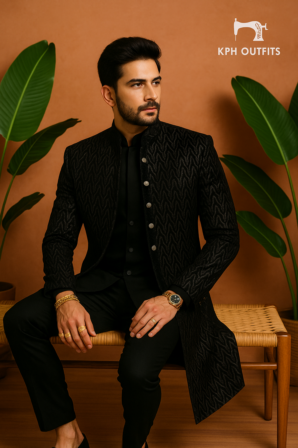 Black Velvet Sequence Zigzag Pattern Open Indo-Western Set - Contemporary Elegance by KPH Outfits