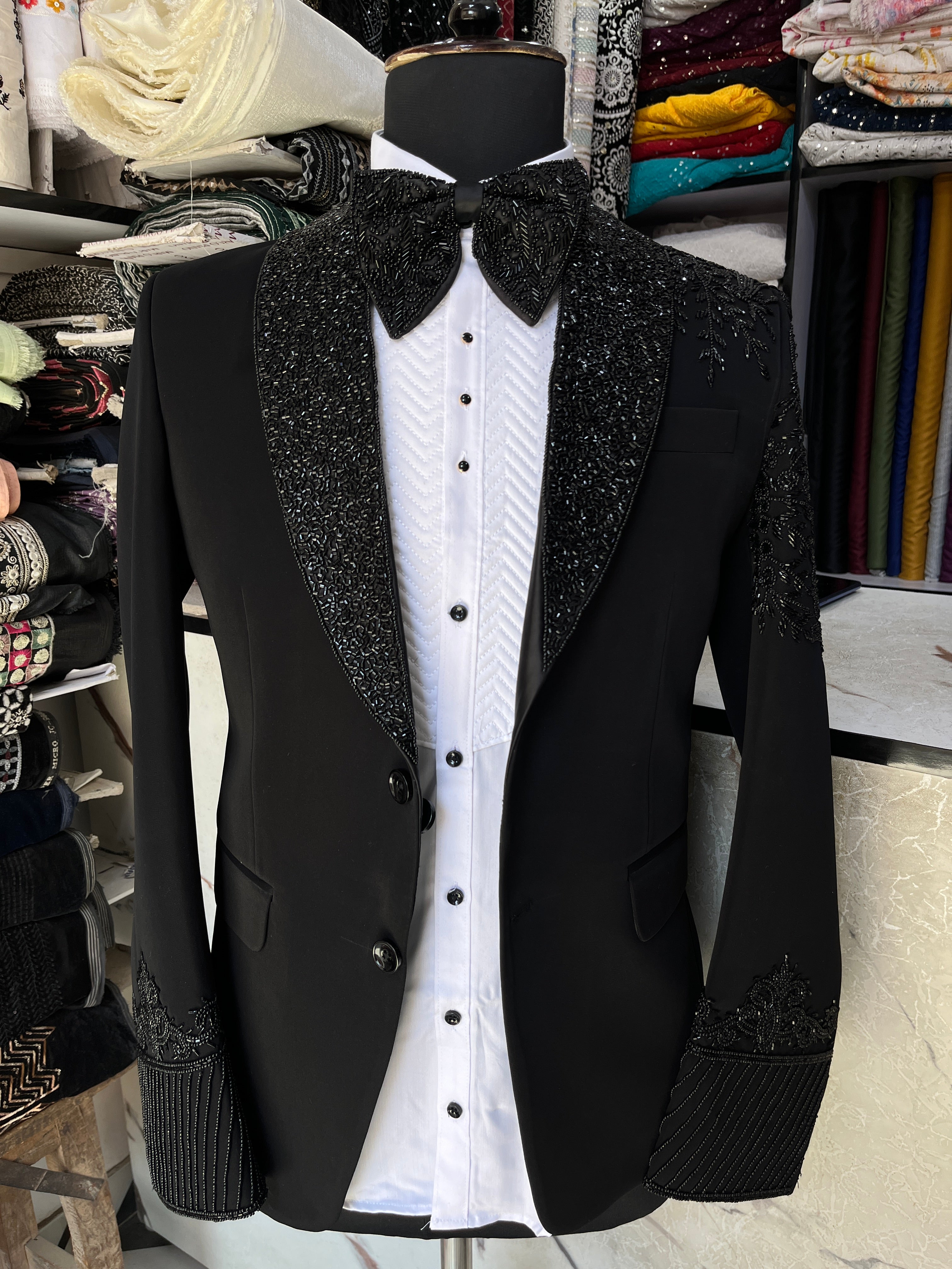 Men's Black Handcrafted Cut Work Tuxedo Suit