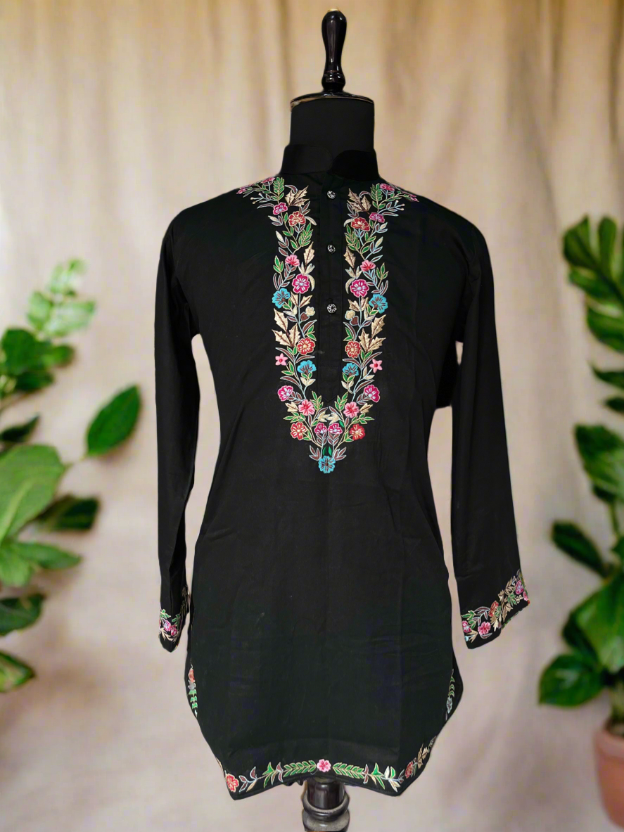 Men's black machine-crafted embellished kurta in cotton silk 