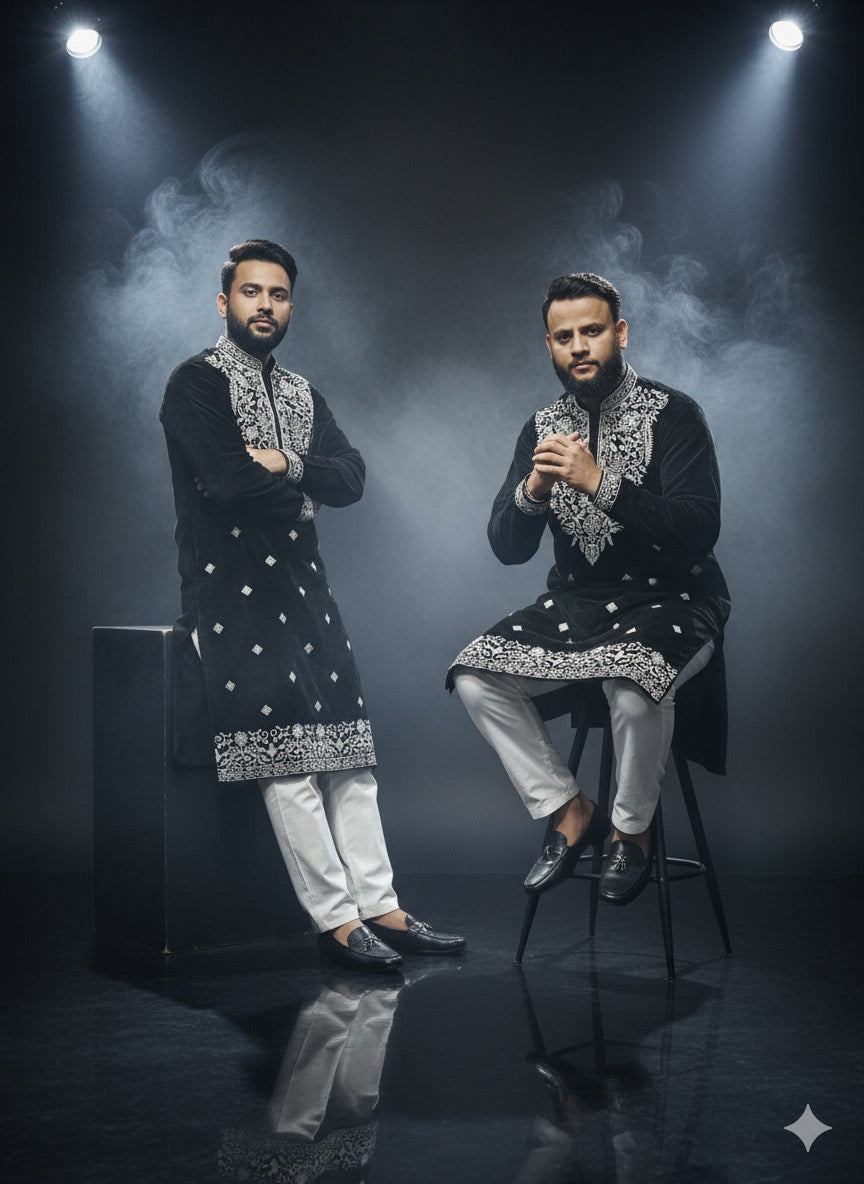 Black velvet kurta with heavy silver embellished yoke and hem border.
