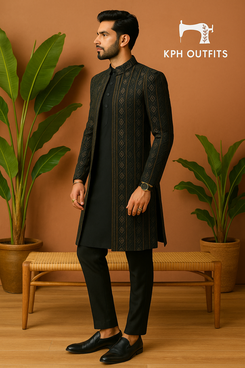 Men's Dyeable Black Lakhnavi Open Jodhpuri Set – Luxury Wedding Wear by KPH Outfits