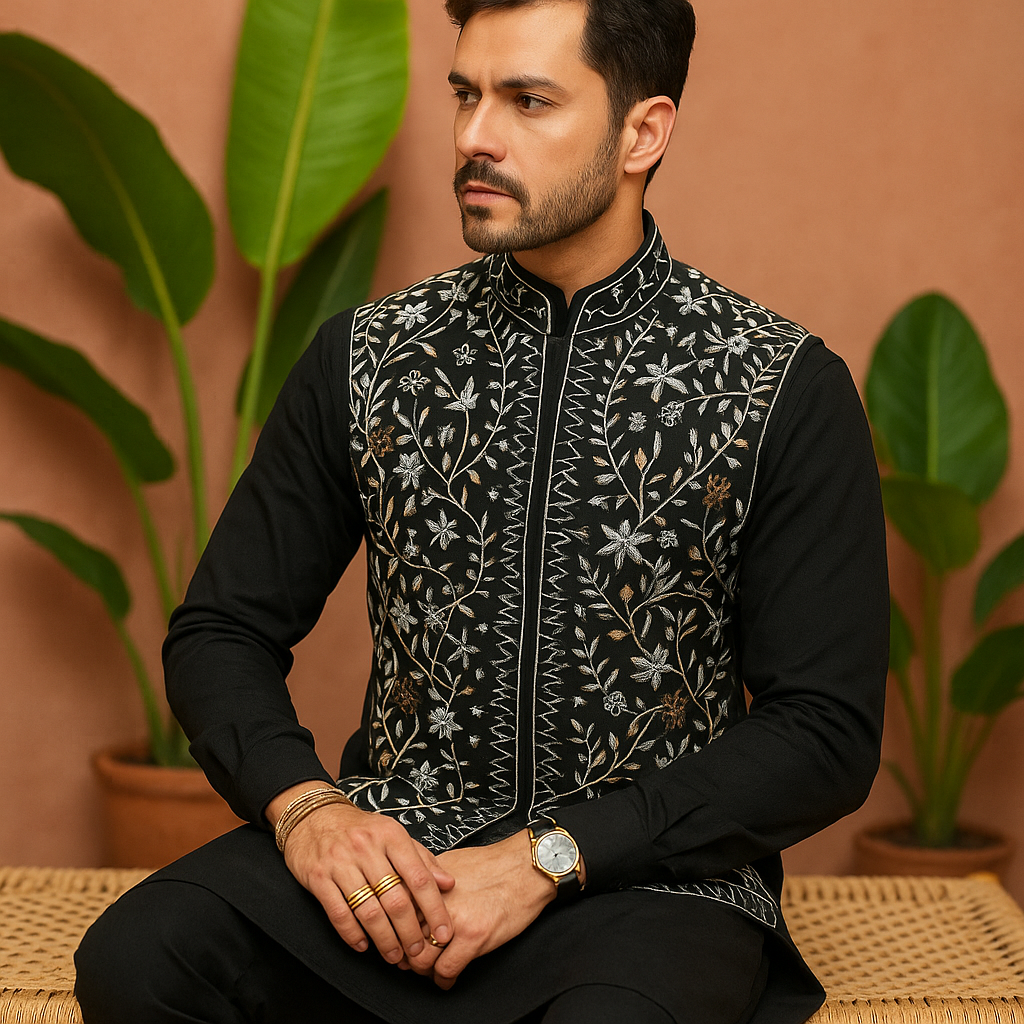 Men's Black Handcrafted Nehru Jacket Set with Mixed Work – Premium Ethnic Wear by KPH Outfits