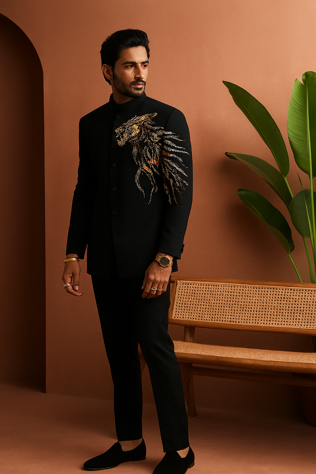 Black jodhpuri set with bold lion embroidery – KPH Outfits