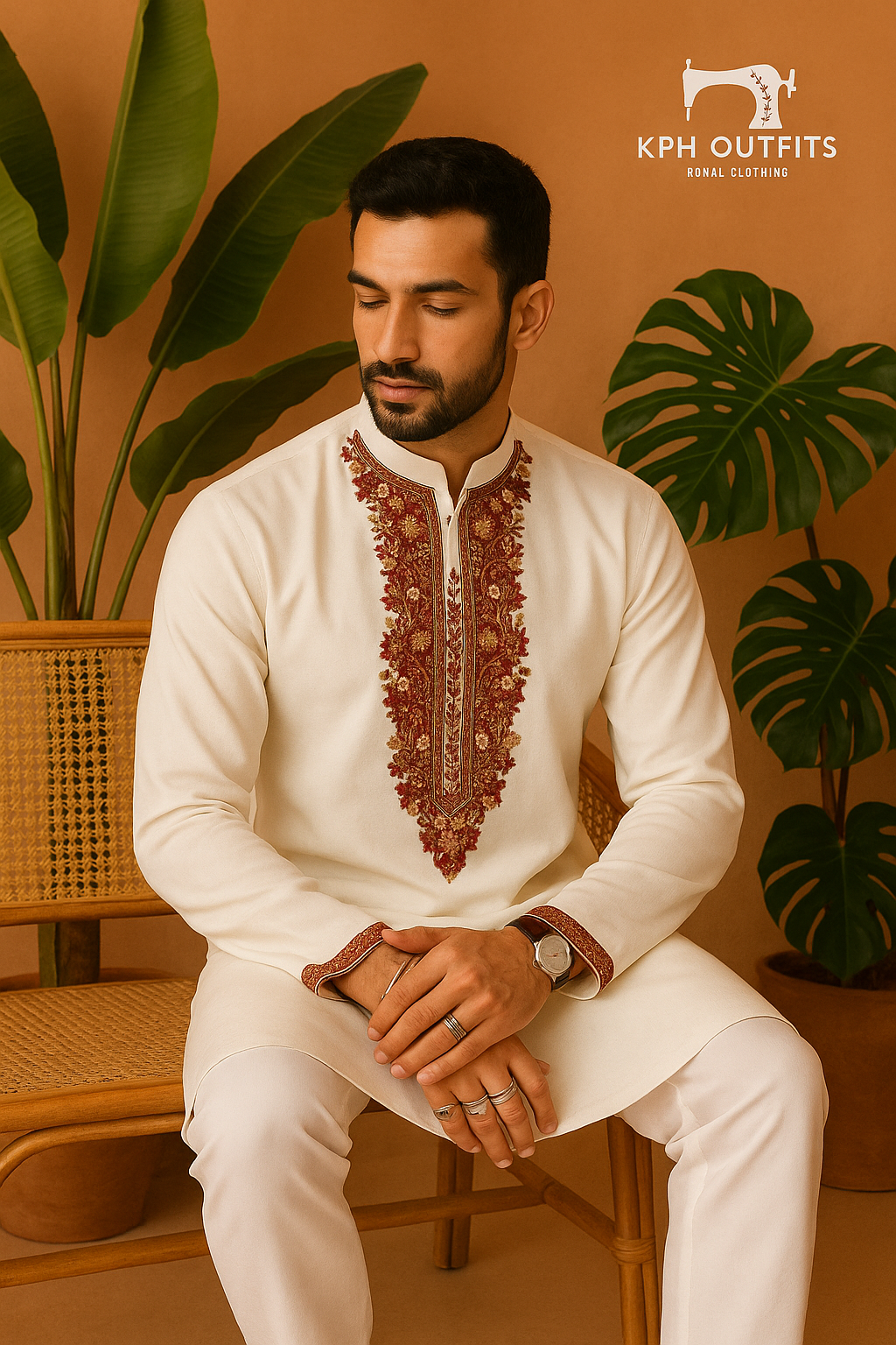 A photograph of a man in a stylish kurta set, highlighting the quality of the fabric and the unique design.


