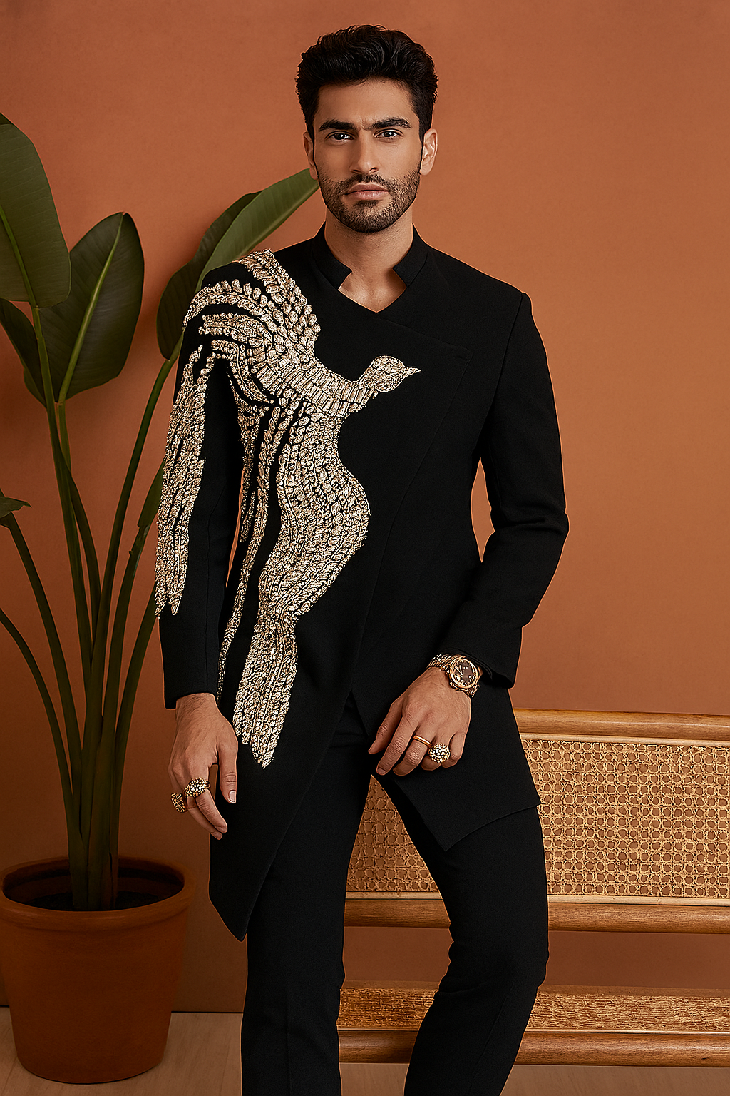 A photograph of a man in a stylish Indo-western set, highlighting the quality of the fabric and the unique design.

