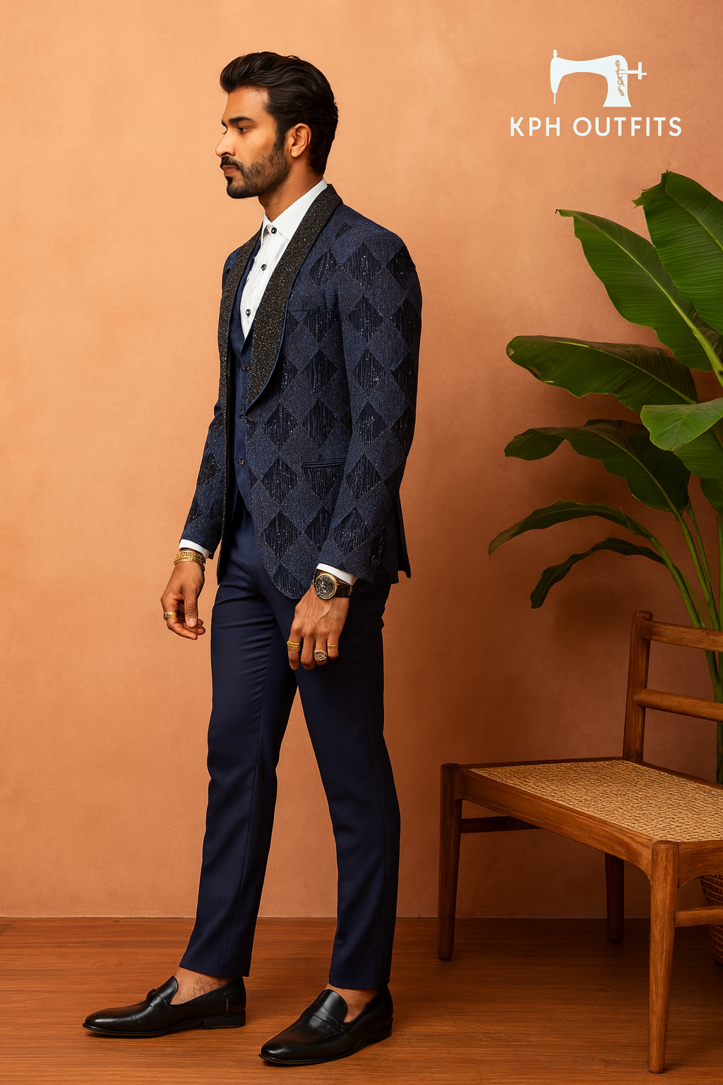 Elegant Men's Blue Handcrafted Shawl Lapel Tuxedo - KPH Outfits