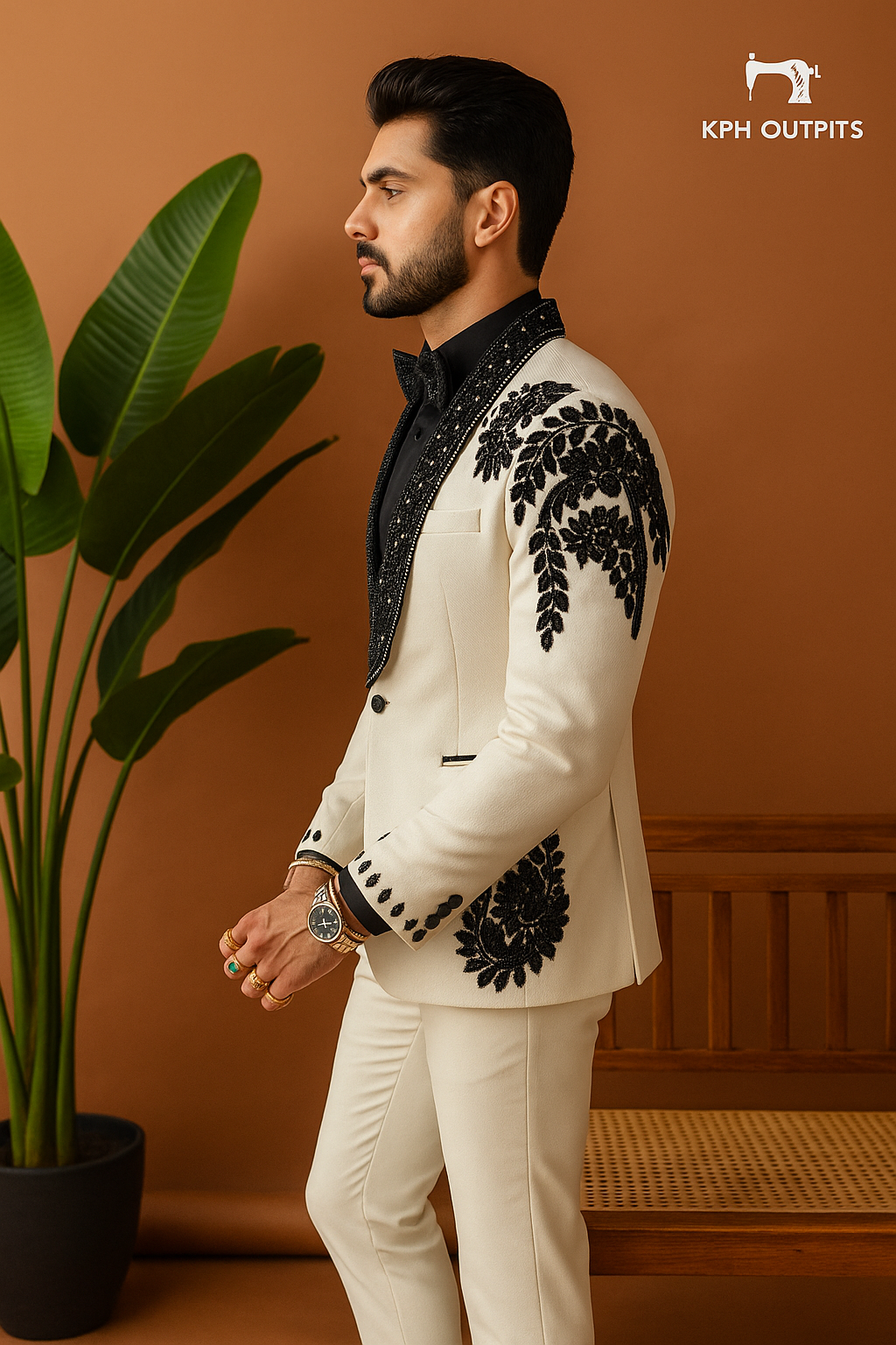 Men's Exclusive Ivory Designer Handcrafted Stylish Tuxedo Suit – Luxury Designer Wear by KPH Outfits