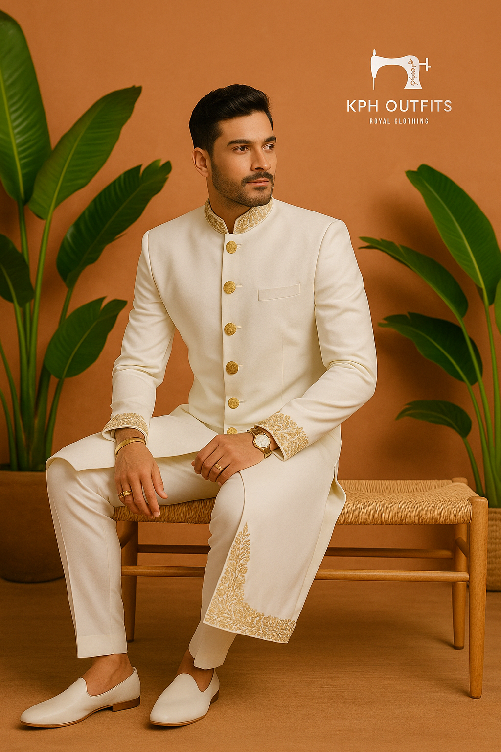 Men's Ivory Handcrafted Zardozi Work Groom Sherwani Set – 3-Piece Designer Outfit – KPH Outfits