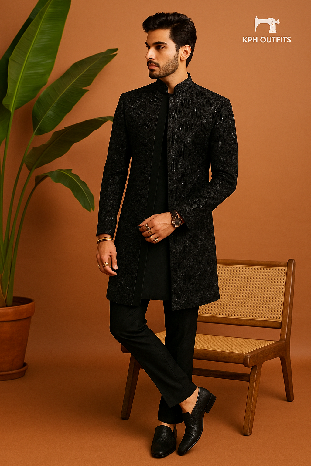 Men's Black Velvet Indo-Western Set with Gold Embroidery – Regal Groom Attire