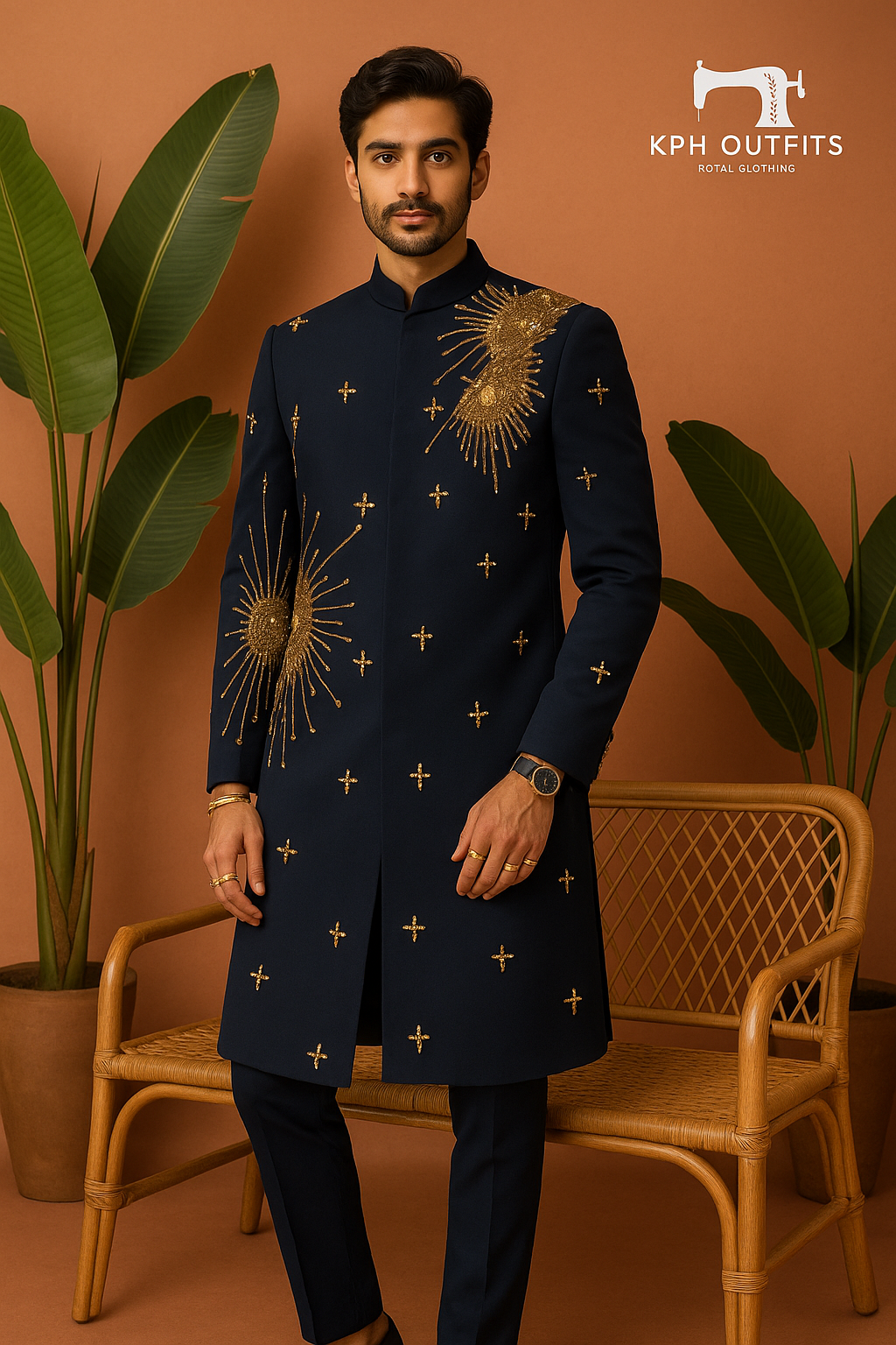 A photograph of a man in a stylish sherwani, highlighting the quality of the Japanese fabric and the unique handcrafting.

