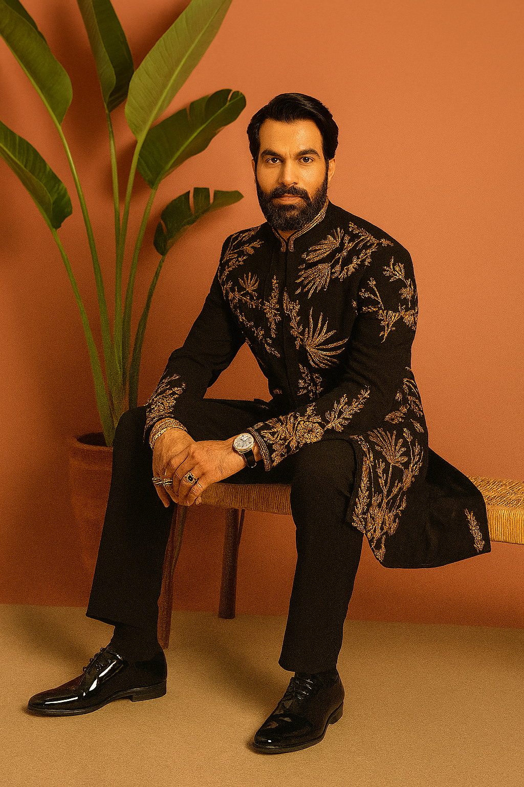 Wedding groom outfit in Bollywood style with gold details – KPH Outfits